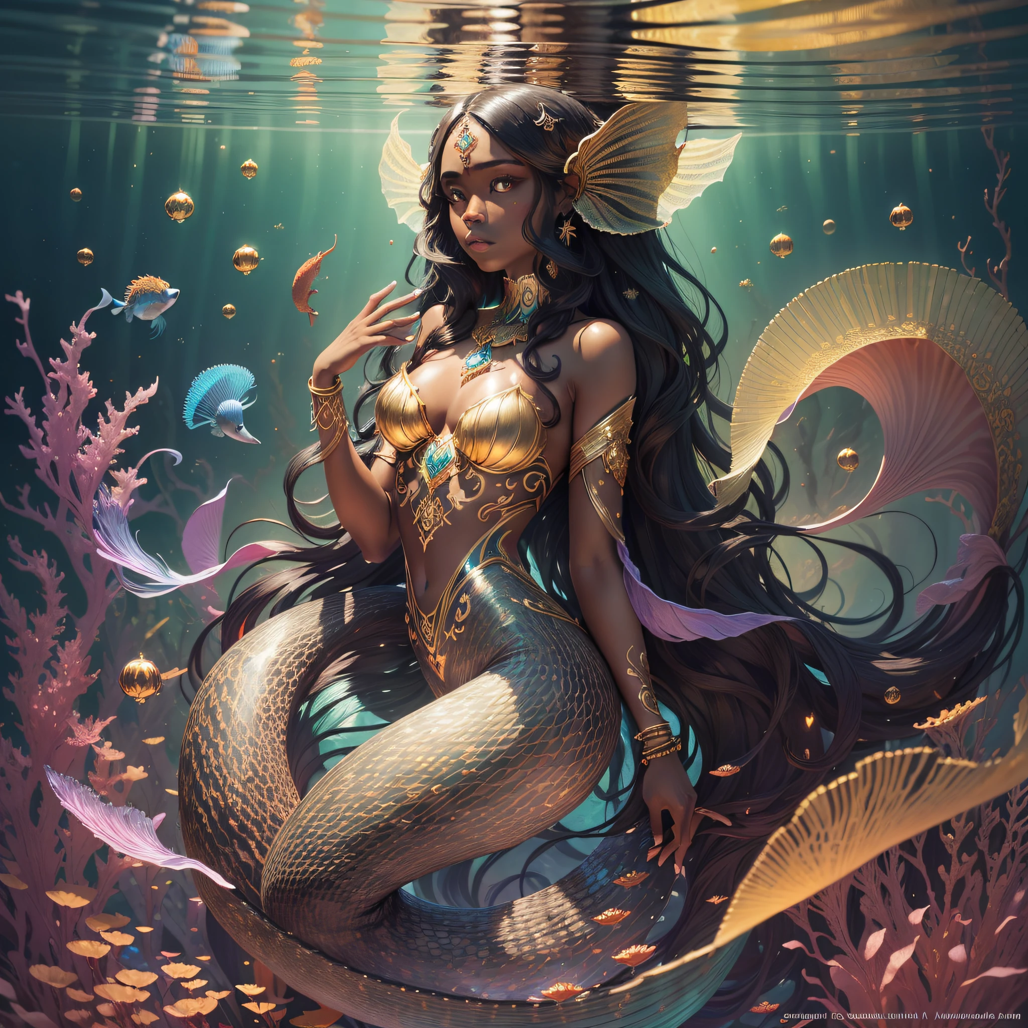 (full body) beautiful woman, dark skin, long dark hair, curly dark hair, (mermaid), (betta fish tail), queen of the seas, brown and gold, holding mirror, (bright environment), intricate details, cosmic, ethereal, (mystical), complicated environment, brush stokes, illuminating lights, (insanely beautiful), (insanely detailed), (best quality), (cinematographic), corals, fishes, jellyfish
