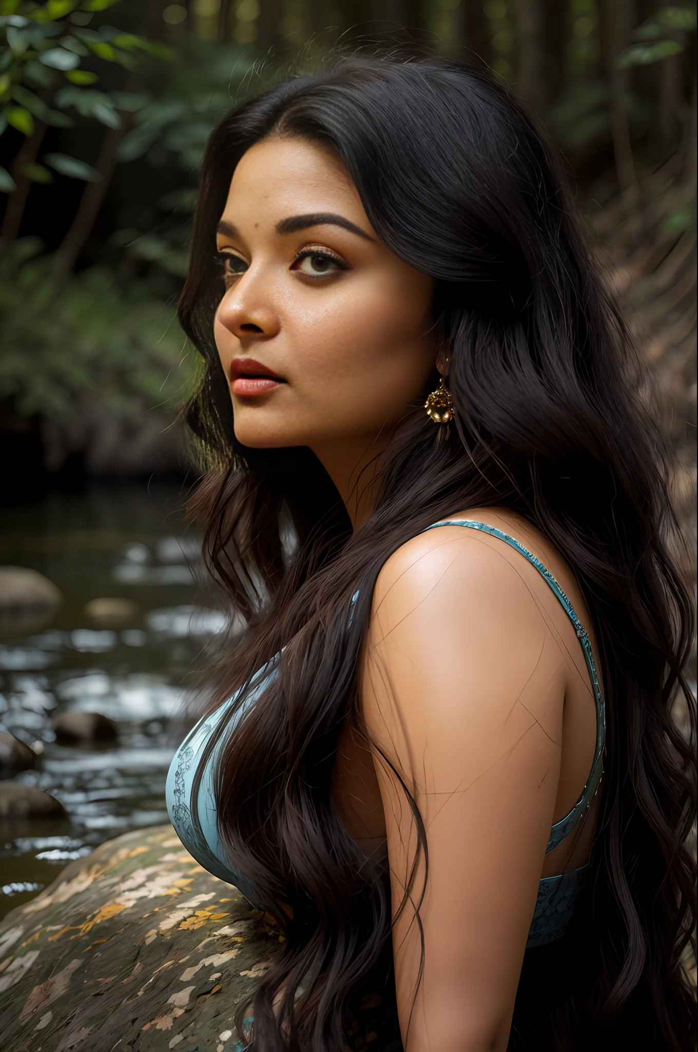 portrait of a beautiful Indian woman, 40 years old. From Golden Skin, (aishwarya rai:1.2), long light black hair, wearing bra, large breasts, full curvy body? wavy at the height of the back, blue eyes, honey colored, fluffy turned, ((big cheeks)), taking shower, showing its beauties, under waterfall and transparent waters, among reeds, (backlit), realistic, masterpiece, high quality, brightness, shadow, flower, [[chromatic aberration]], by Jeremy Lipking, by Antonio J. Manzanedo, digital painting, 8k uhd,,  forest, stones on the bank, river, wood, smoke, shadows, contrast, clear sky, style , (warm hue, warm tone)