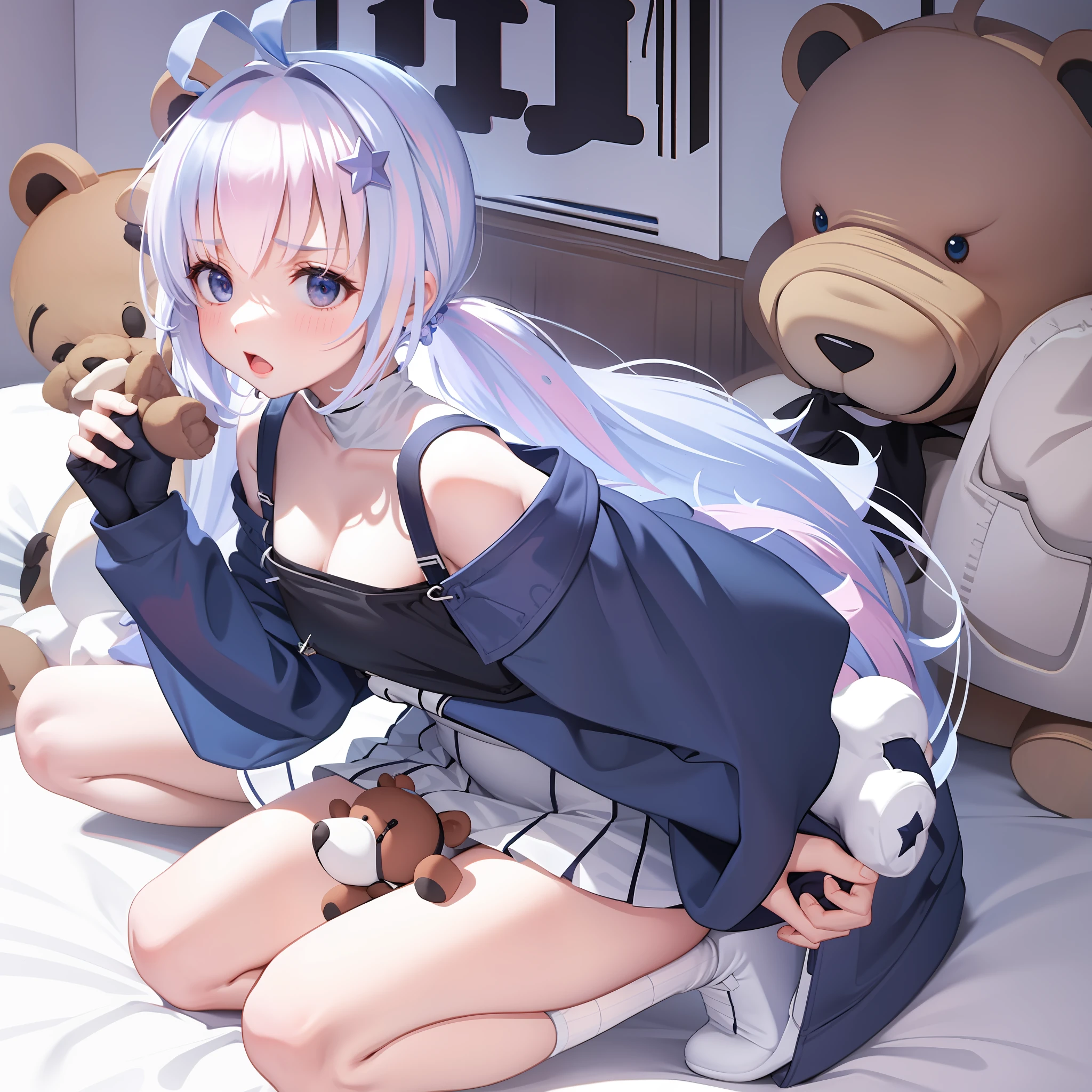 Shy, dress, white stockings, big breasts, cute, blue double ponytailed princess, kneeling on the bed and holding the brown teddy bear to her chest