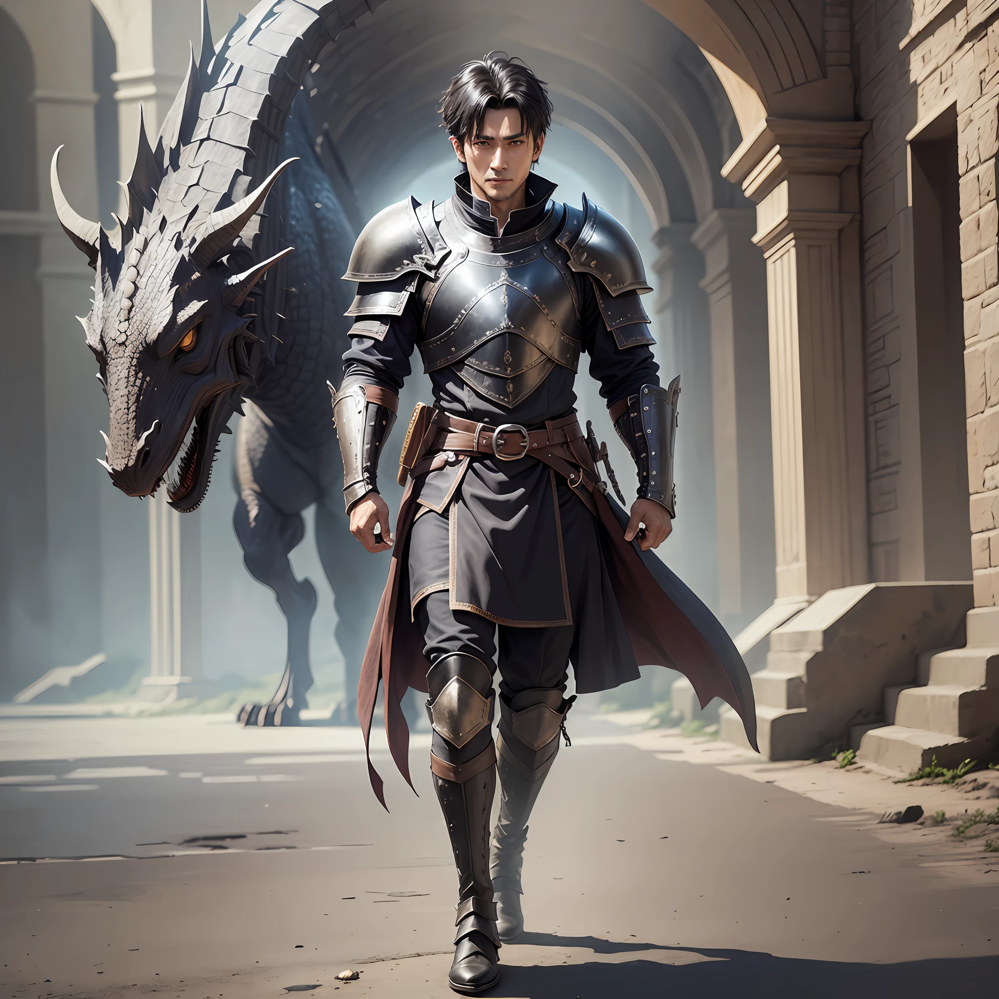 Man of 24 years, short hair of black color, medium height, wearing a shield of Dragon leather, Leather, leather armor, oxhide, leather protection. Leather ropa. Medieval, realistic art --auto --s2