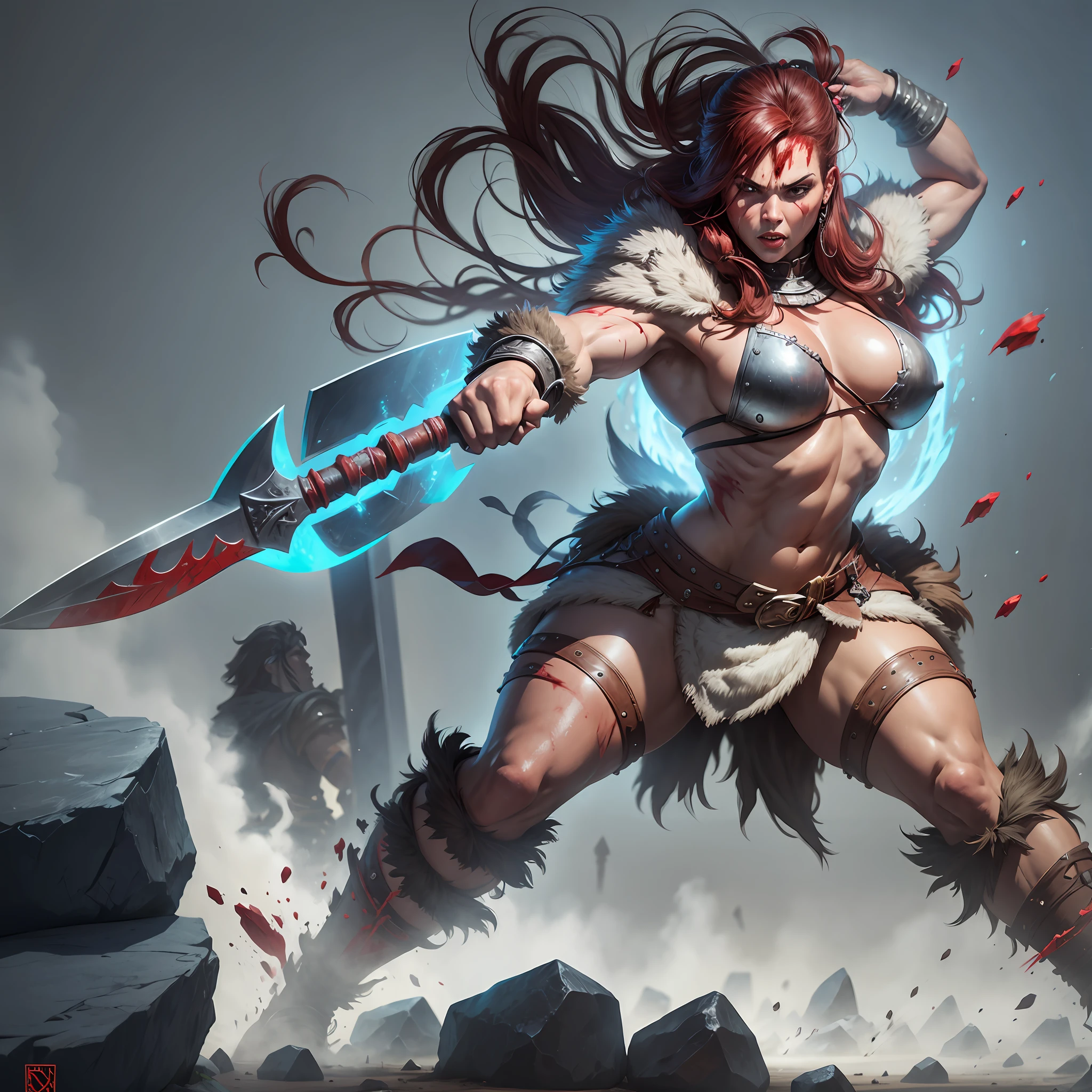 Barbarian warrior, full of blood, holding two axes, attack position, ground