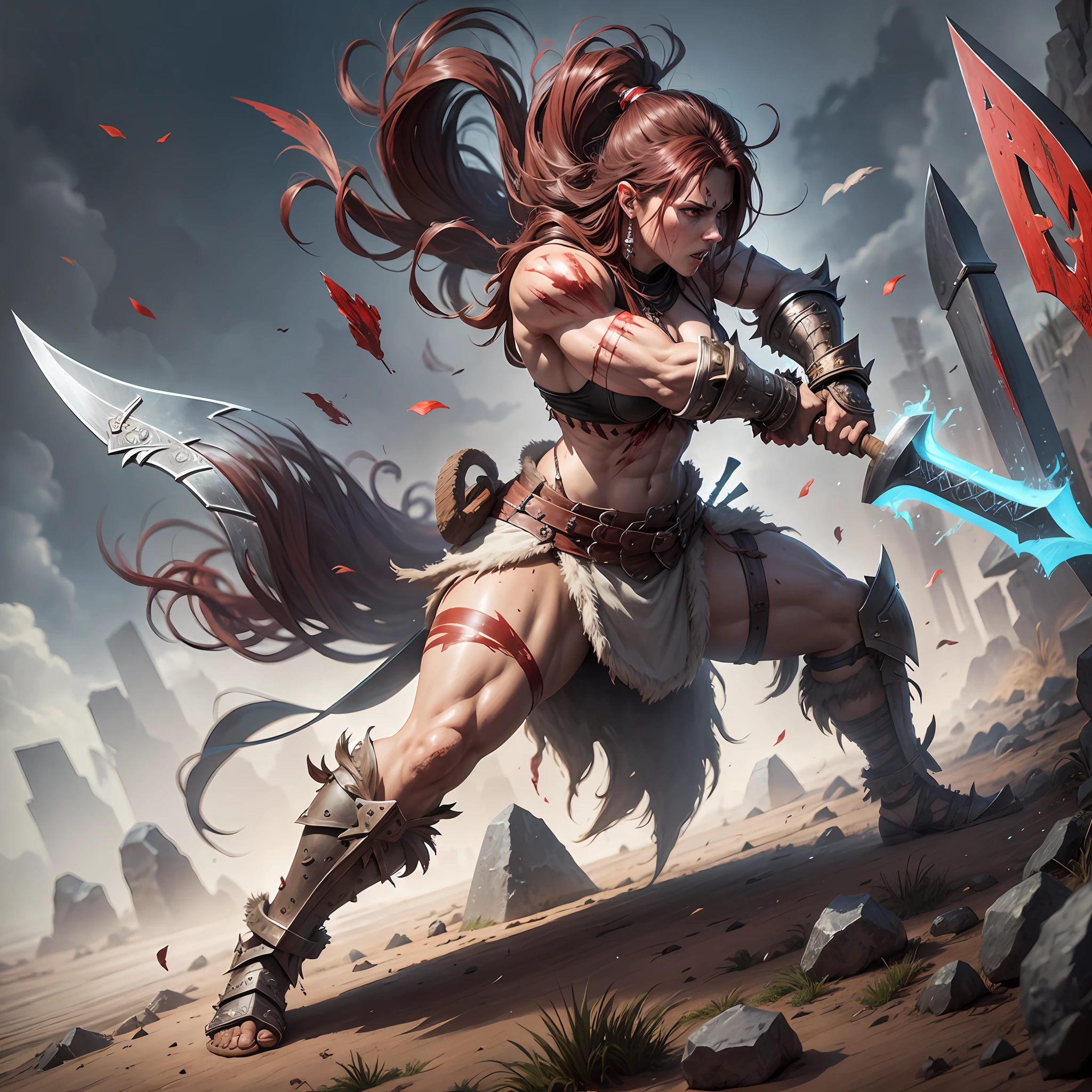 Barbarian warrior, full of blood, holding two axes, attack position, ground