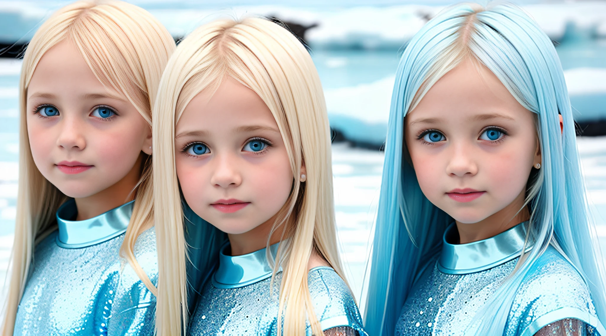 girls blonde children WITH STRAIGHT HAIR, BACKGROUND blue peroil, ice very ice.