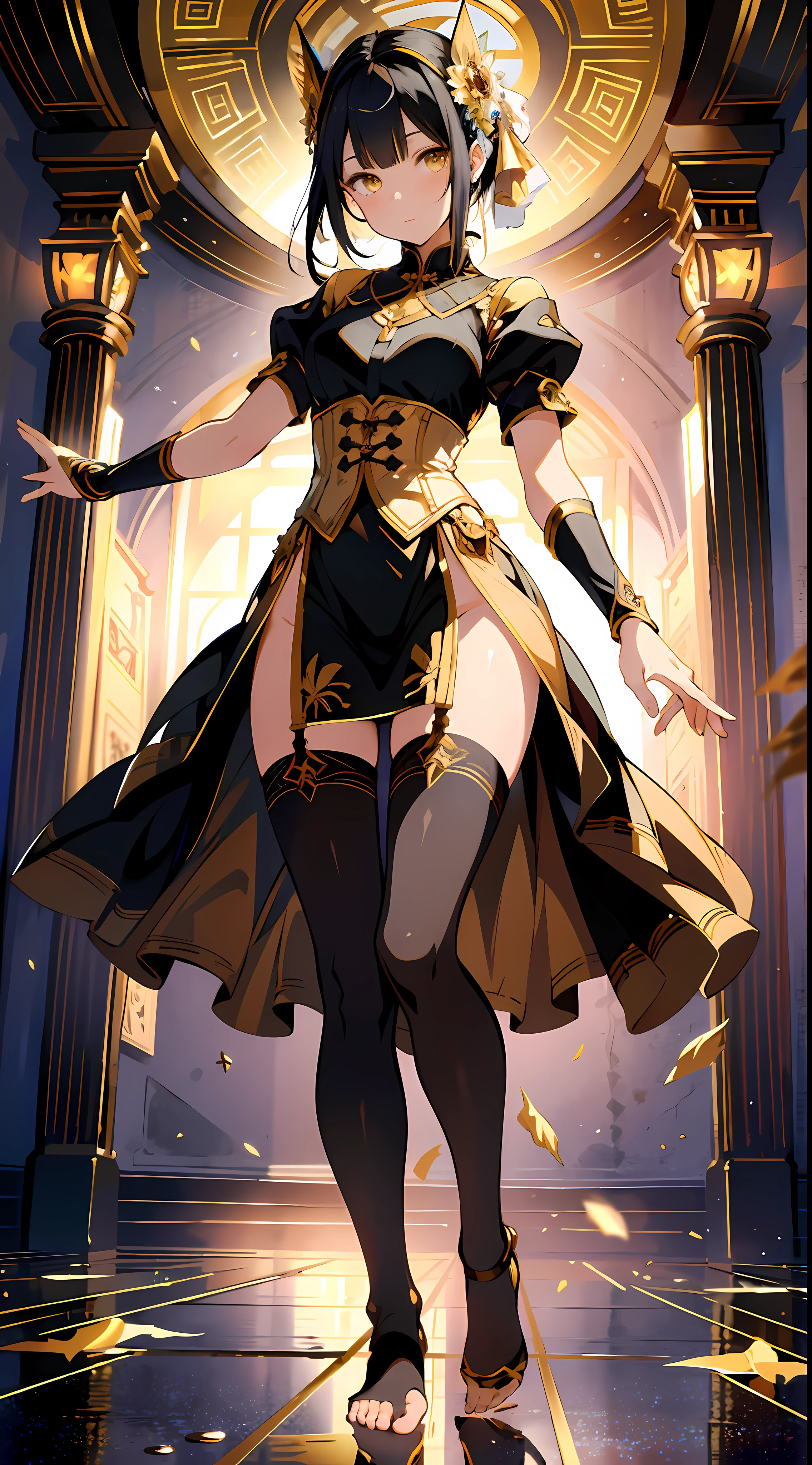 absurd res, high res, (masterpiece:1.4), ultra-detailed, 1girl, from below, space, floating, golden Chinese dress, yellow dress, stockings, black hair, gold eyes, yellow eyes, garter belt, the gap, aroused expression, yandere, full body, sole focus, bare feet, stepping on viewer, feet in black pantyhose