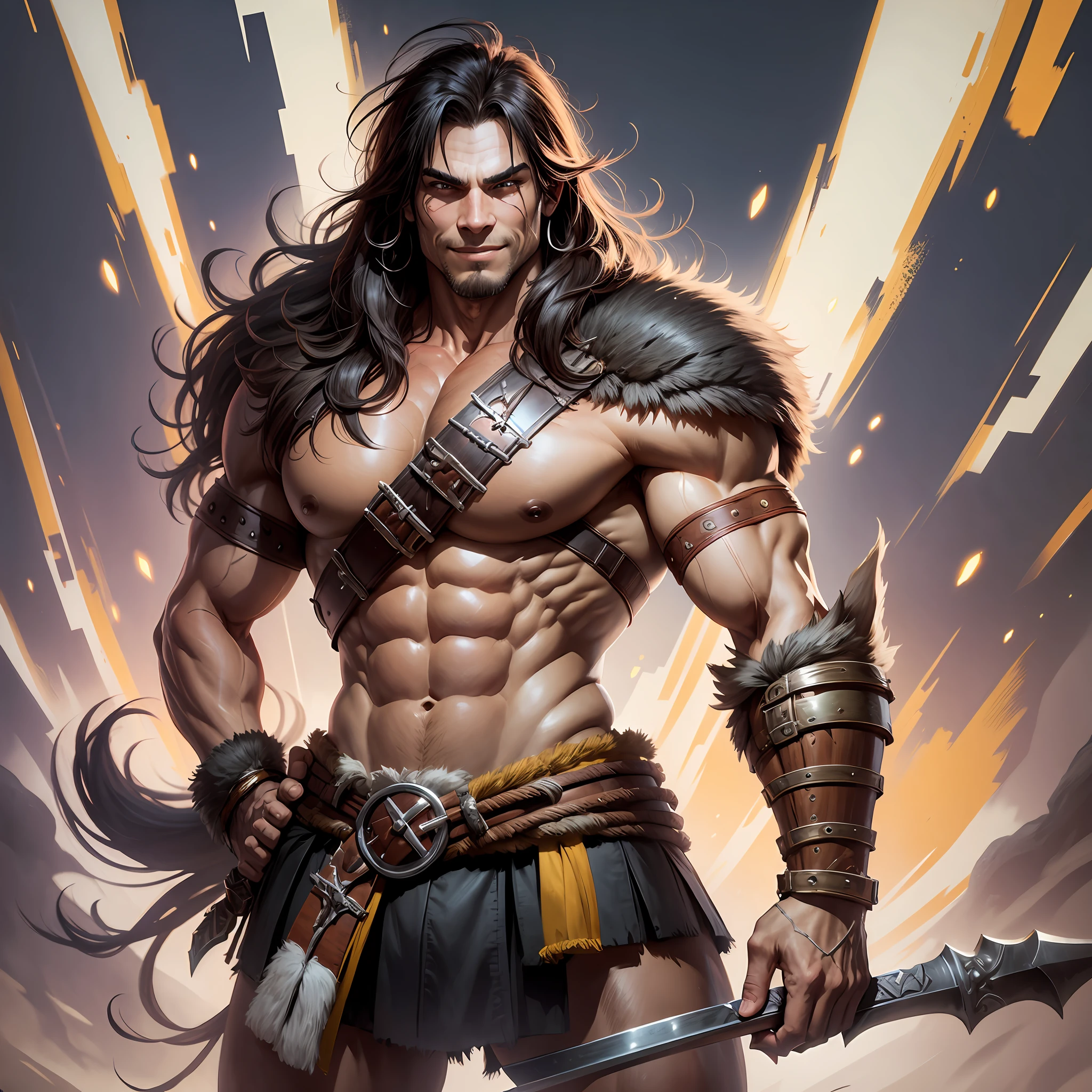 Barbarian warrior, solo, can dynamic, arms crossed, male, smiling