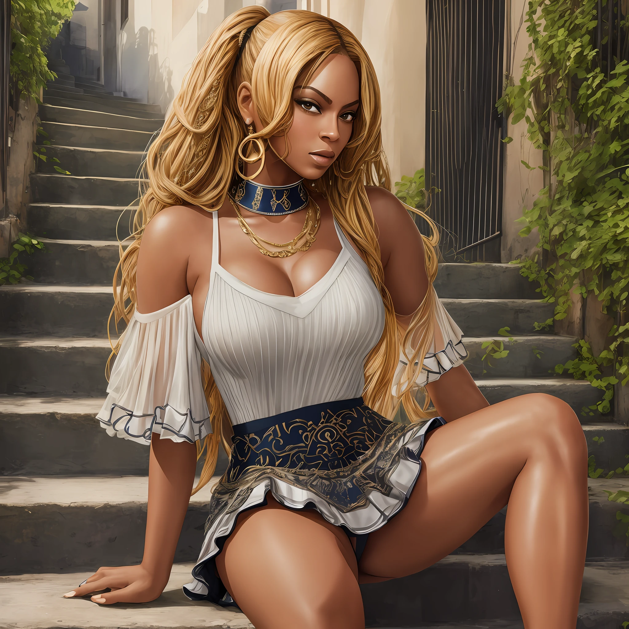 Beyoncé, wearing short skirts, bare shoulders, realistic, sitting on a staircase, 8k, cameltoe, body, street, night --auto --s2