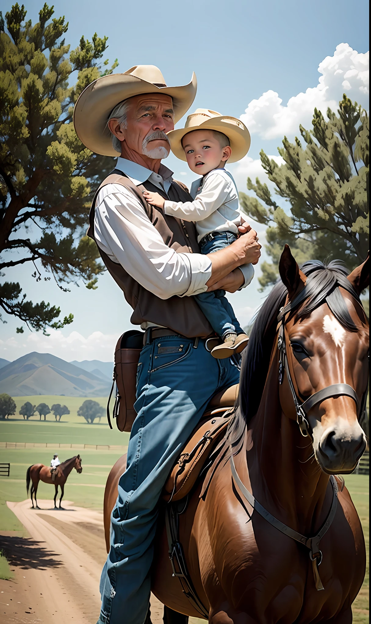 (a old cowboy grandfather with his grandson on his ranch, horses and trees in the background)