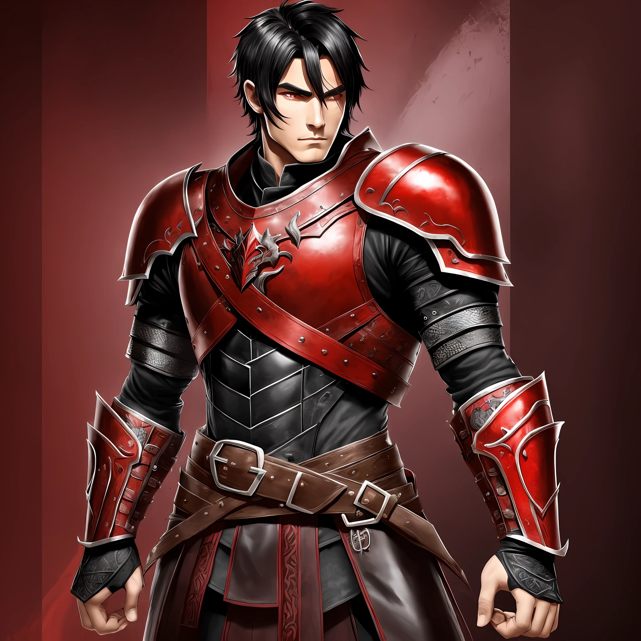 Man, black hair with red, brown left eye and the right as of a dragon, medium height with on his right arm a red tribal he is wearing a leather armor --auto --s2