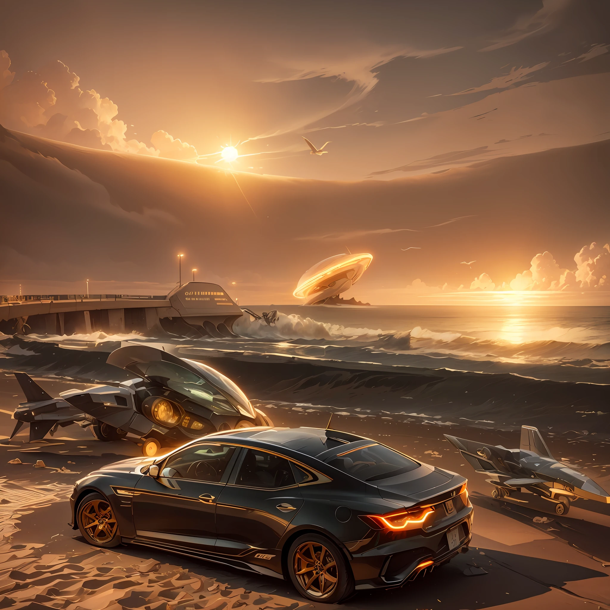 "You step onto the beach in 2050 and immediately notice a spaceship parked just beyond the shoreline. As you survey the scene, you realize that even more strangely, there is also a car sitting on the sand. The futuristic spacecraft contrasts sharply with the battered vehicle, and you can't help but wonder how they both ended up in this unlikely spot. As you take in your surroundings, you notice the sun casting a warm glow over the futuristic scene, the water lapping at the shore, and the sound of seagulls overhead. What could have brought these two contrasting modes of transportation to this remote stretch of beach? You'll have to investigate to find out." --auto --s2