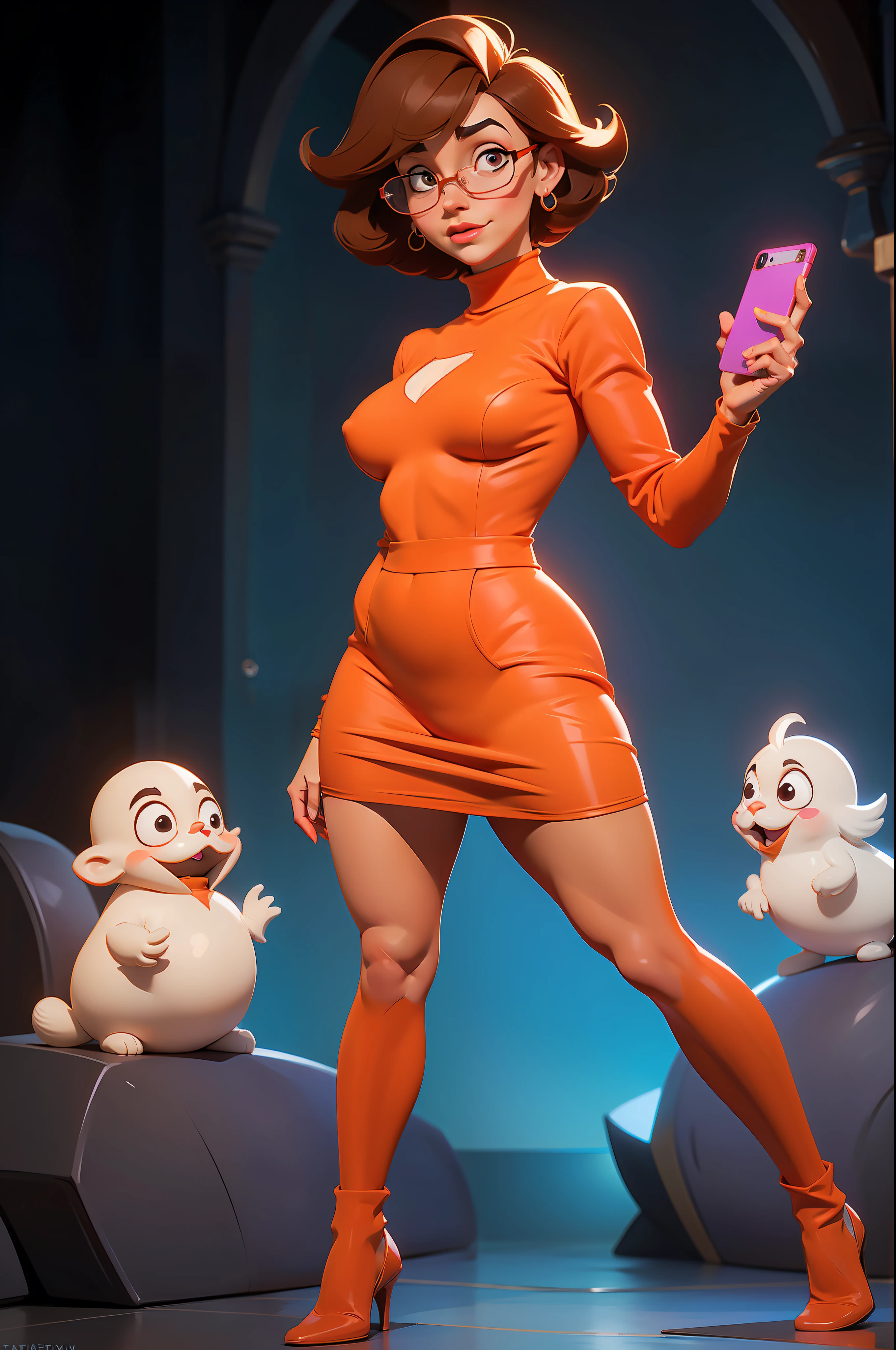 (((perfect body))), (((voluptuous))), (((hot))), thick thighs, Velma Dace Dinkley (from the Scooby-Doo series), posing for self with a ghost behind her, arm stretched out for freight as if she were holding a cell phone, comedic scene, perfect body, gorgeous and intelligent face, front view, mini skirt, glasses, big breasts, hot, short brown hair, orange turtleneck blouse, red skirt,  orange socks