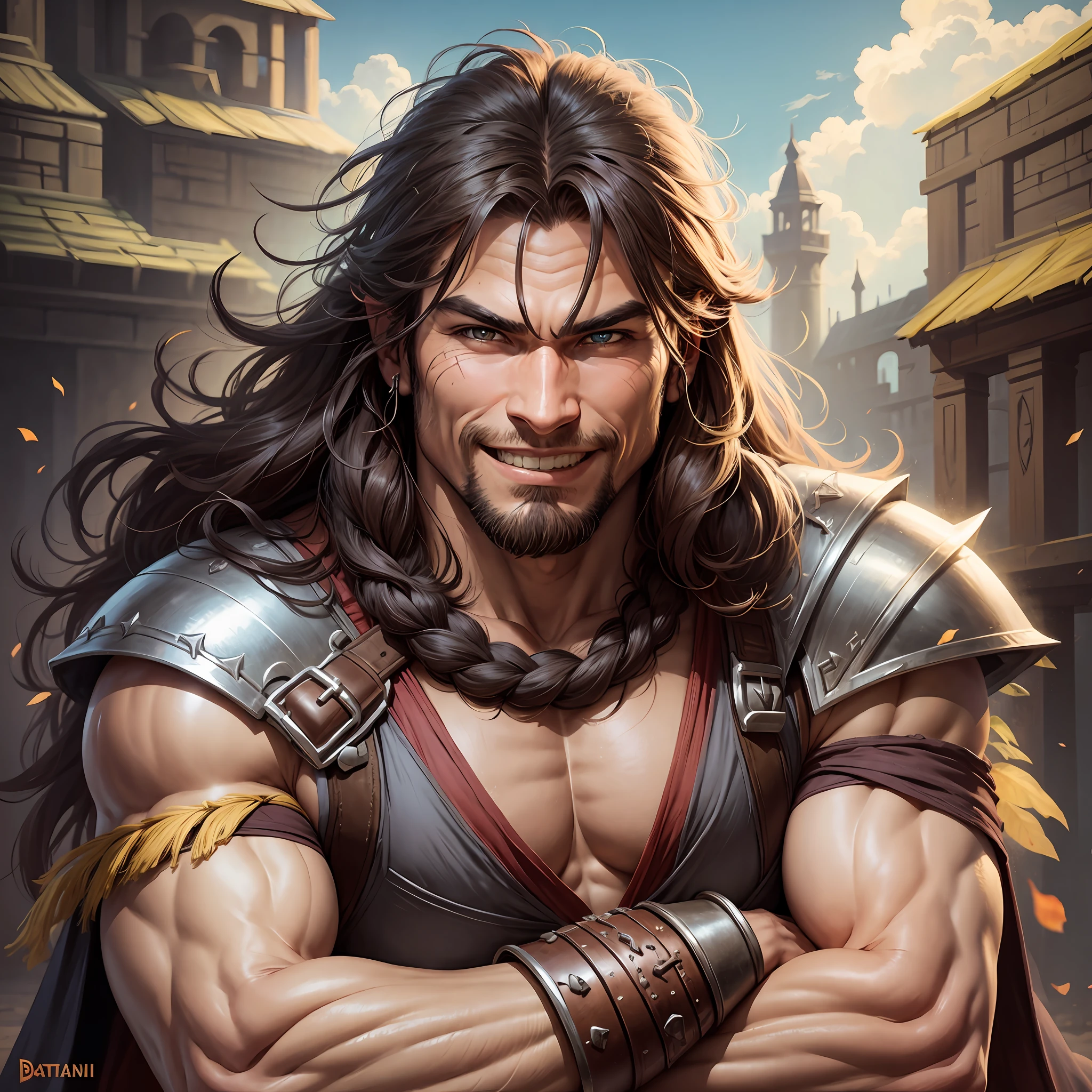 Barbarian warrior, solo, can dynamic, arms crossed, male, smiling, hair stuck, medieval clothes