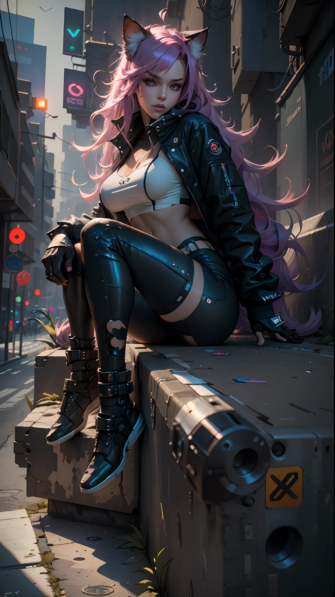 Cyberpunk neko catgirl with cyberpunk prosthetics, cat ears, tech jacket, big breasts, long hair, ((sitting pose)), cyberpunk city streets, futuristic style, Sci-fi, hyper detailed, photorealism, hyper realism, painting, 8K, HD, super resolution , Cinematic lighting, contrasting light and shadows, depth of field focus