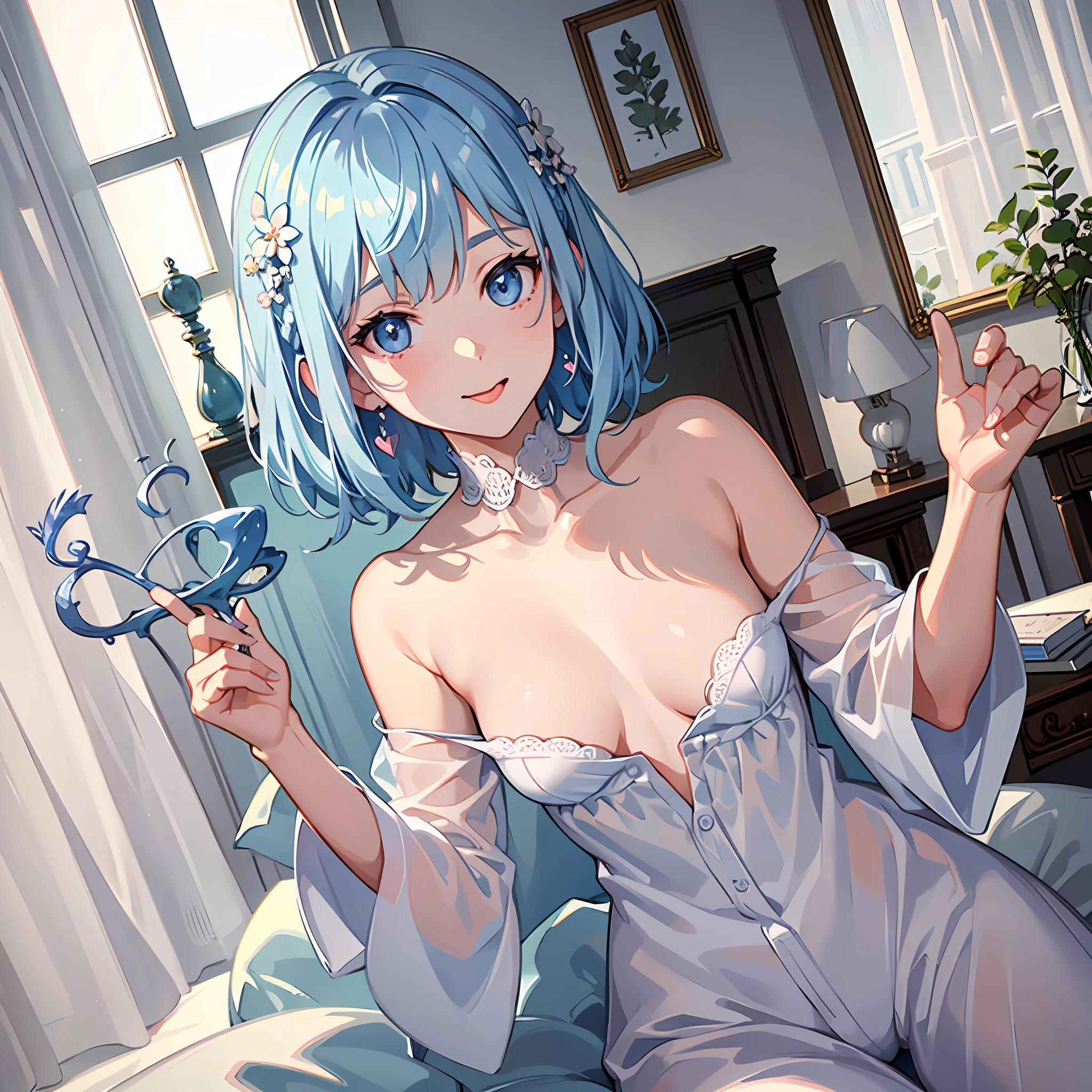 (Masterpiece: 1.3), (Best Quality:1.3), High Resolution,
From the bottom, watch the viewer, from_below, dutch_angle,
sitting, body forward,
(Cute 1 girl: 1.3), 1 person,
people with white skin, small breasts, eight-headed body,
light blue hair, very short hair, dull bangs, beautiful hair, blue eyes, beautiful detailed eyes,
(stick out your tongue: 1.4), seductive smile, heart,
pajamas, earrings,
indoors, evening, television, white room,
shadow light,