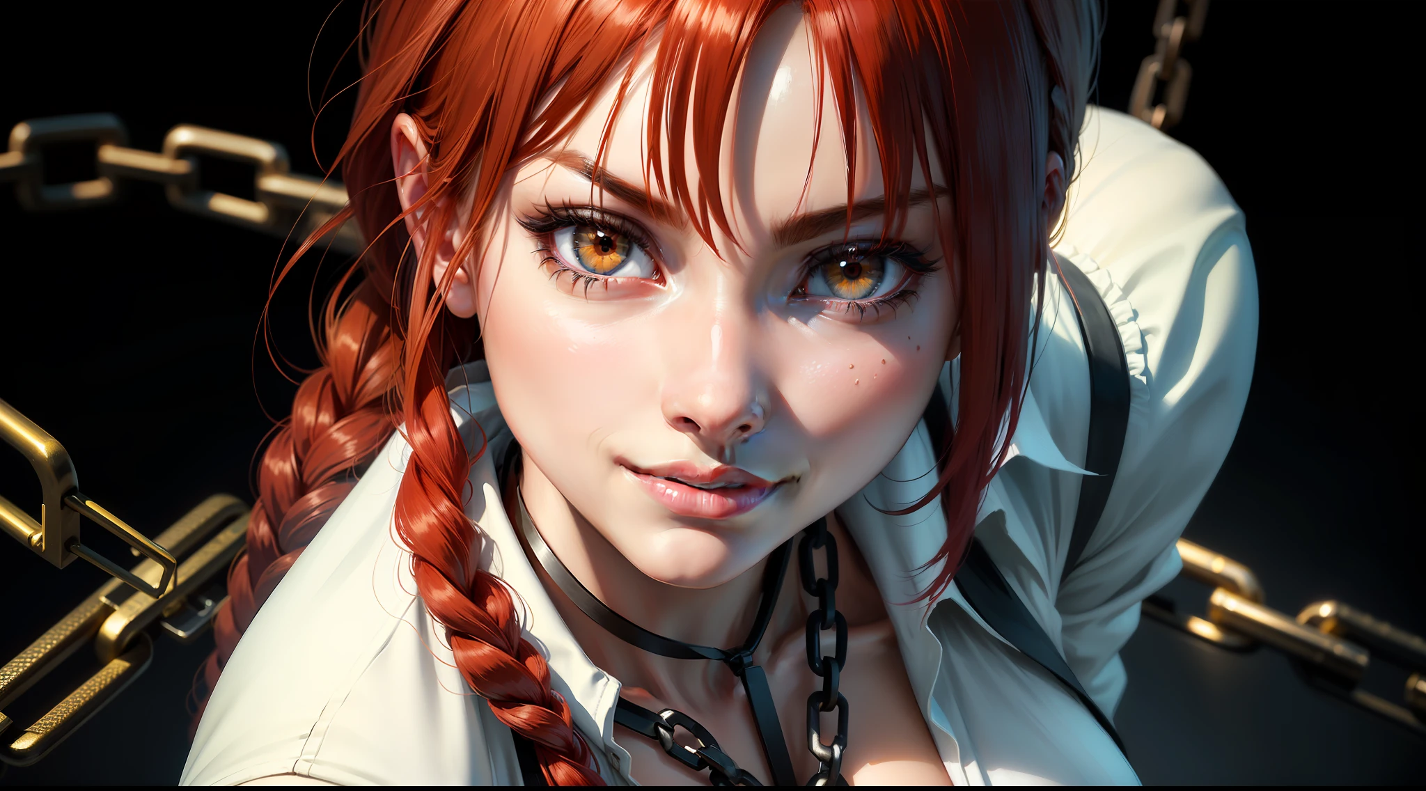 makima with the face of Margot Robbie\ (chainsaw man\), best quality, ultra detailed, 1girl, solo, standing, red hair, long braided hair, golden eyes, bangs, medium breasts, white shirt, tie, look, smile, (bad: 1.2), looking at the viewer, (interview: 1.3), (dark background, chains: 1.3), from above, sharp contrast, beautiful detailed eyes, focus, close up shot