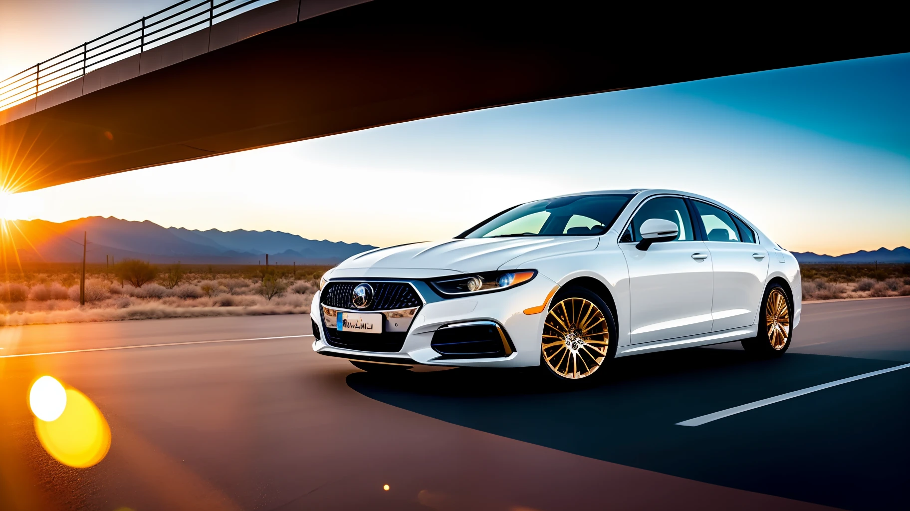 Modern Car, Luxury Sedan, white, round lines, desert road, Golden hour, reflection in car, maximum quality, photorealistic, photography, masterpiece