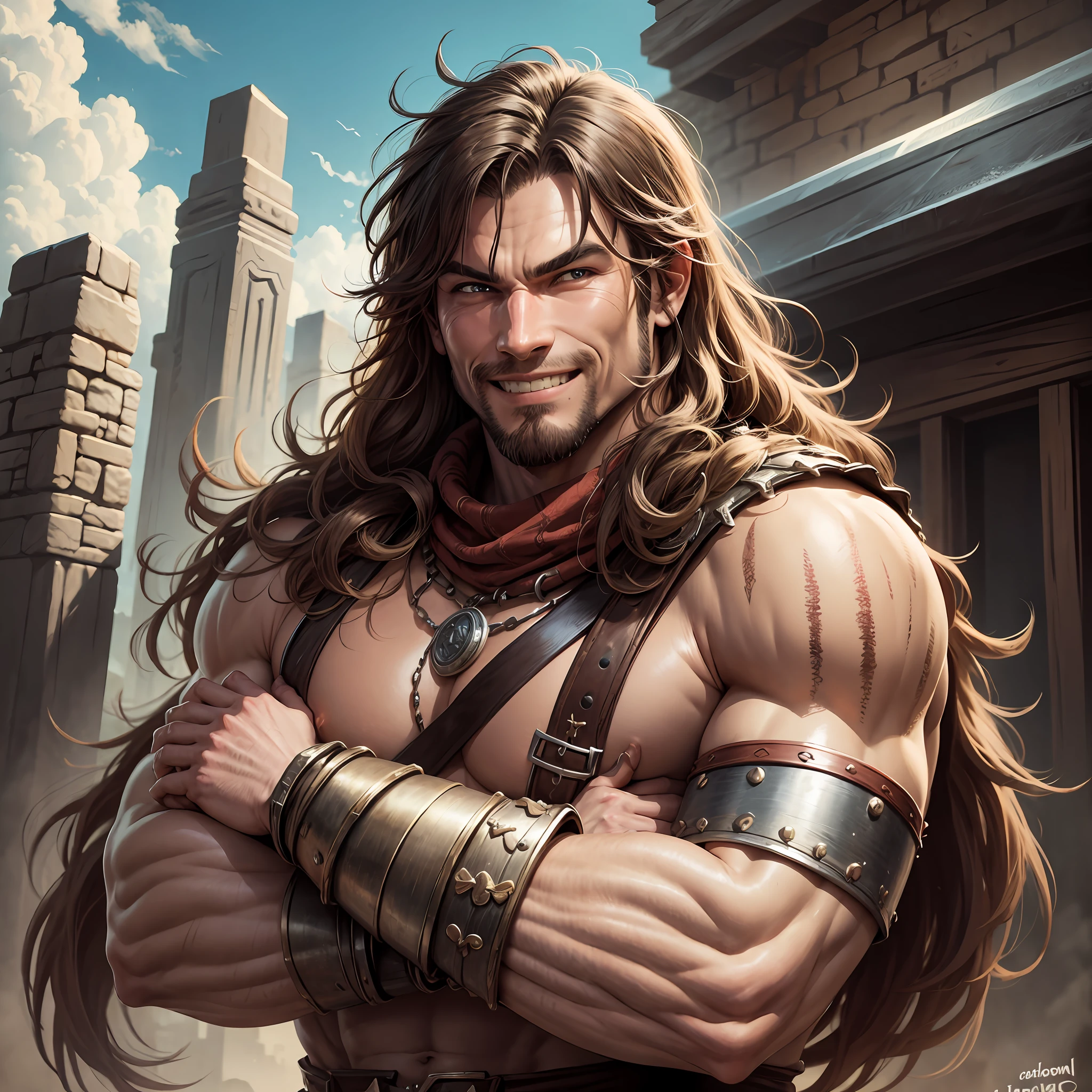 Barbarian warrior, solo, can dynamic, arms crossed, male, smiling, hair stuck, medieval clothes