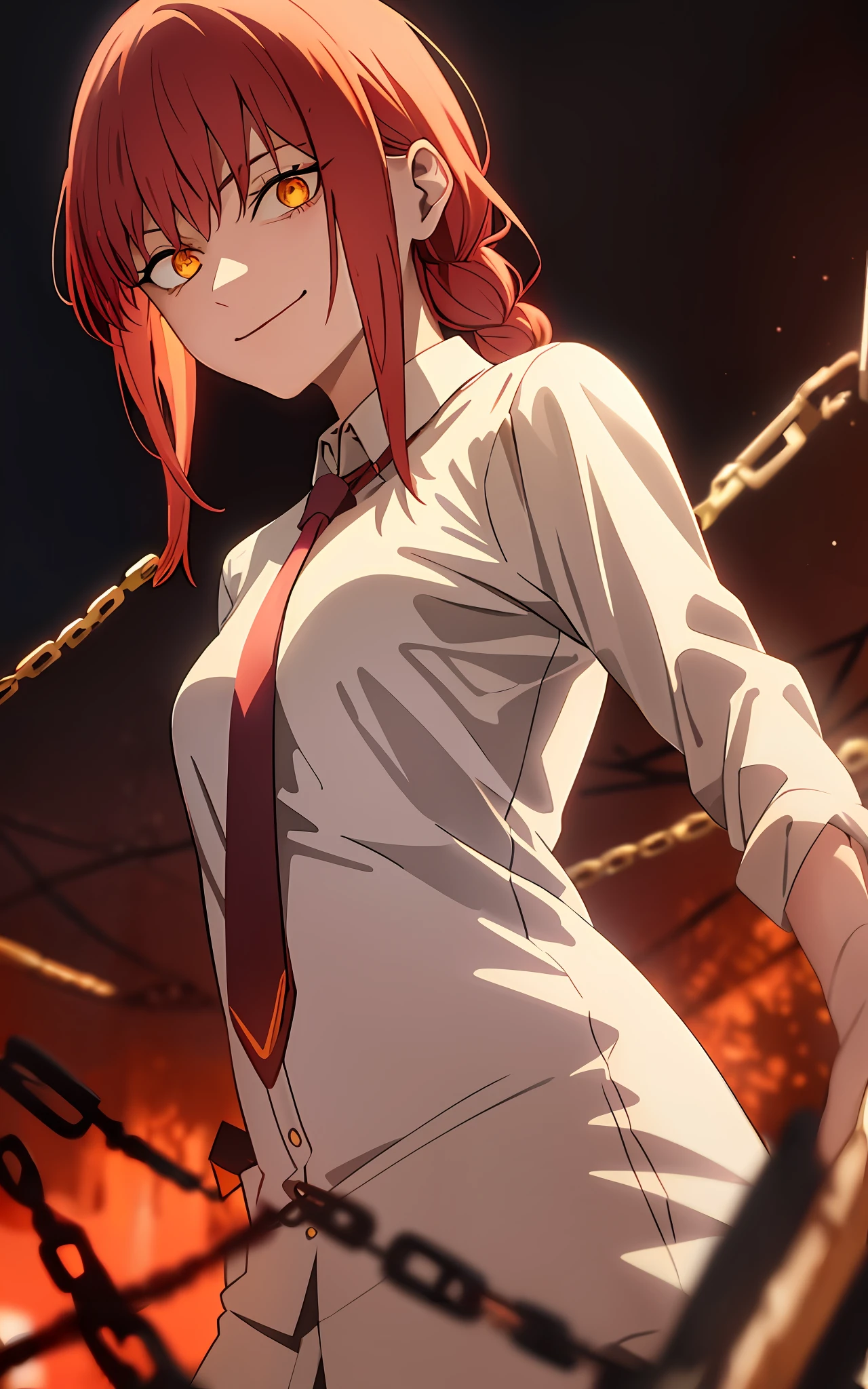 makima \(chainsaw man\), best quality, ultra detailed, 1girl, solo, standing, red hair, long braided hair, golden eyes, bangs, medium breasts, white shirt, necktie, stare, smile, (evil:1.2), looking at viewer, (interview:1.3), (dark background, chains:1.3)
makima \(chainsaw man\)