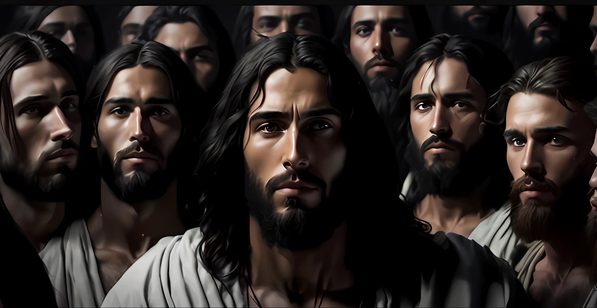 a group of men with long hair and beards standing in front of a crowd, jesus face, jesus, detailed 4 k painting, jesus christ, portrait of jesus christ, detailed painting 4 k, epic biblical depiction, 8k resolution.oil on canvas, highly detailed 4 k art, 8k resolution digital painting, 8 k resolution digital painting, incredible painting, amazing likeness --auto --s2