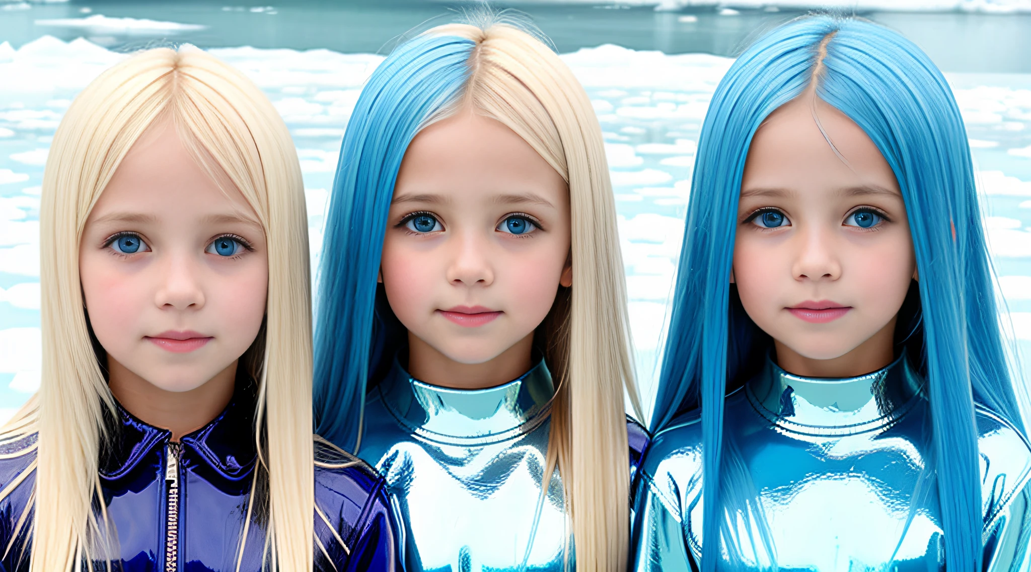 girls blonde children WITH STRAIGHT HAIR, BACKGROUND blue peroil, ice very ice.