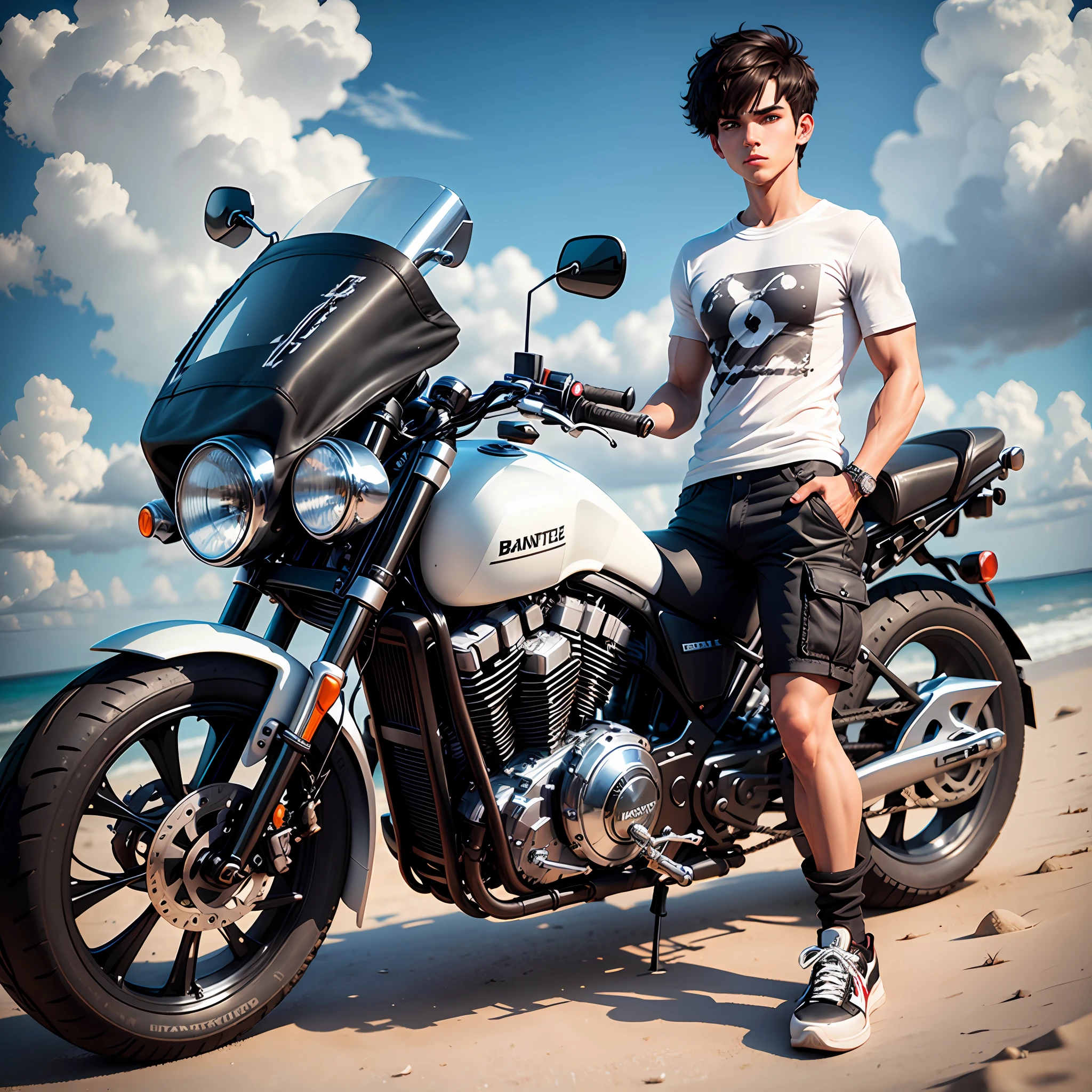 Create a male teen character, brunette, straight and short hair with bangs, left eyeshadow with flaws, thin, wearing a white T-shirt, black cargo pants, black sneakers, near a silver cruiser motorcycle, from flawed to a beach. 3D pixar style. --auto --s2