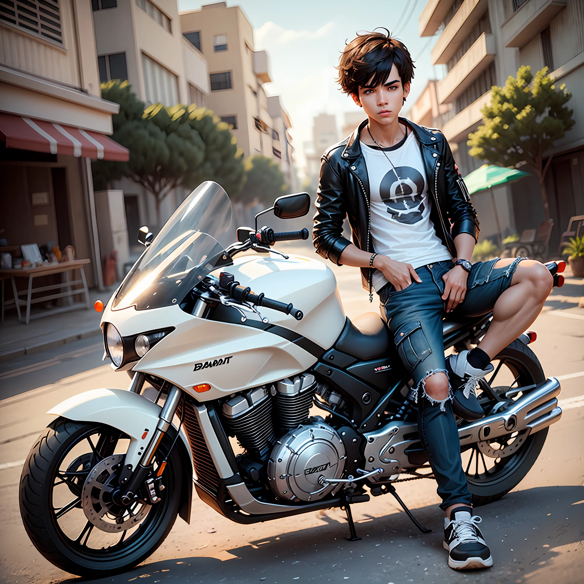 Create a male teen character, brunette, straight and short hair with bangs, left eyeshadow with flaws, thin, wearing a white T-shirt, black cargo pants, black sneakers, near a silver cruiser motorcycle, from flawed to a beach. 3D pixar style. --auto --s2