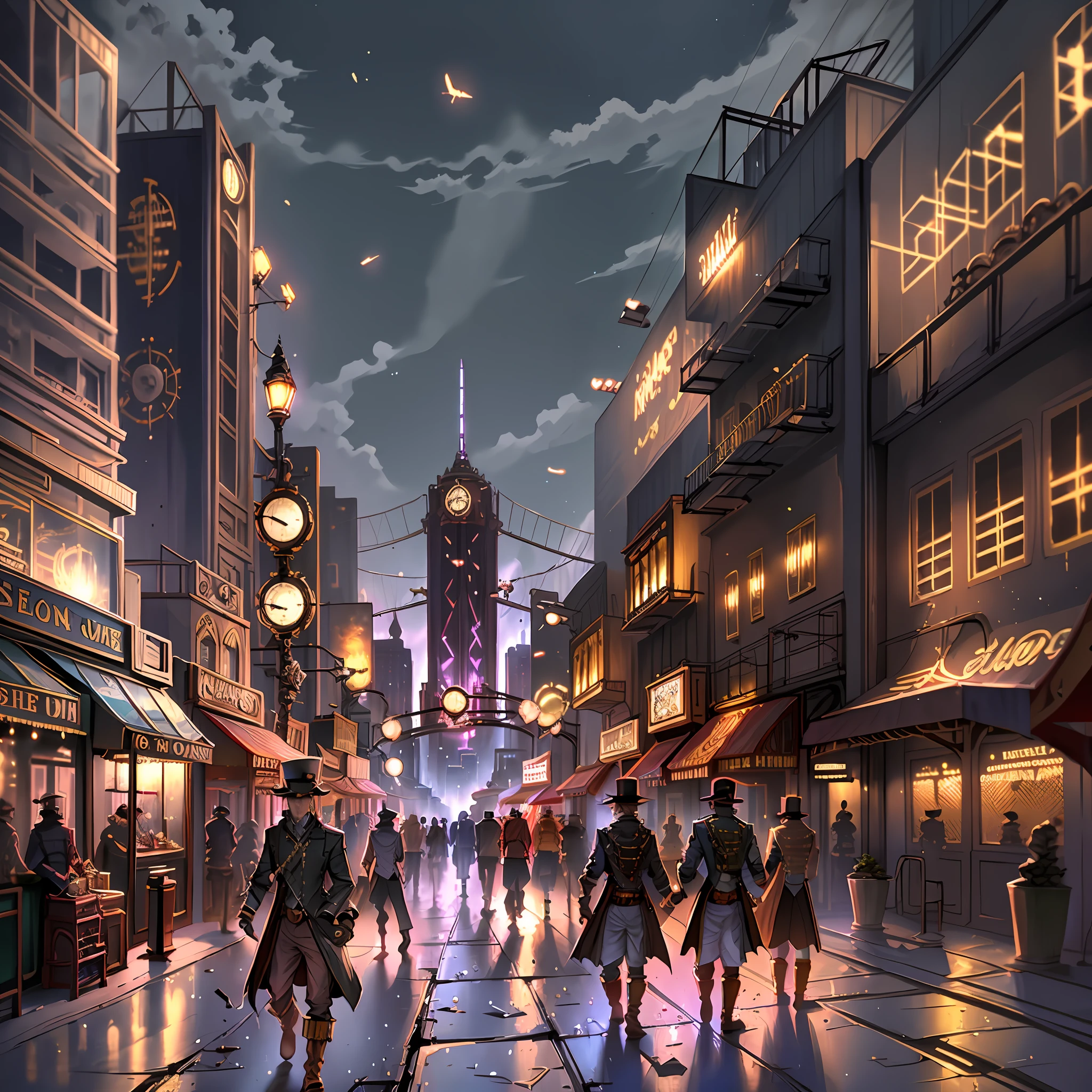 Create a scenario of a steampunk city, half gangster with lots of lights and casinos and lots of people