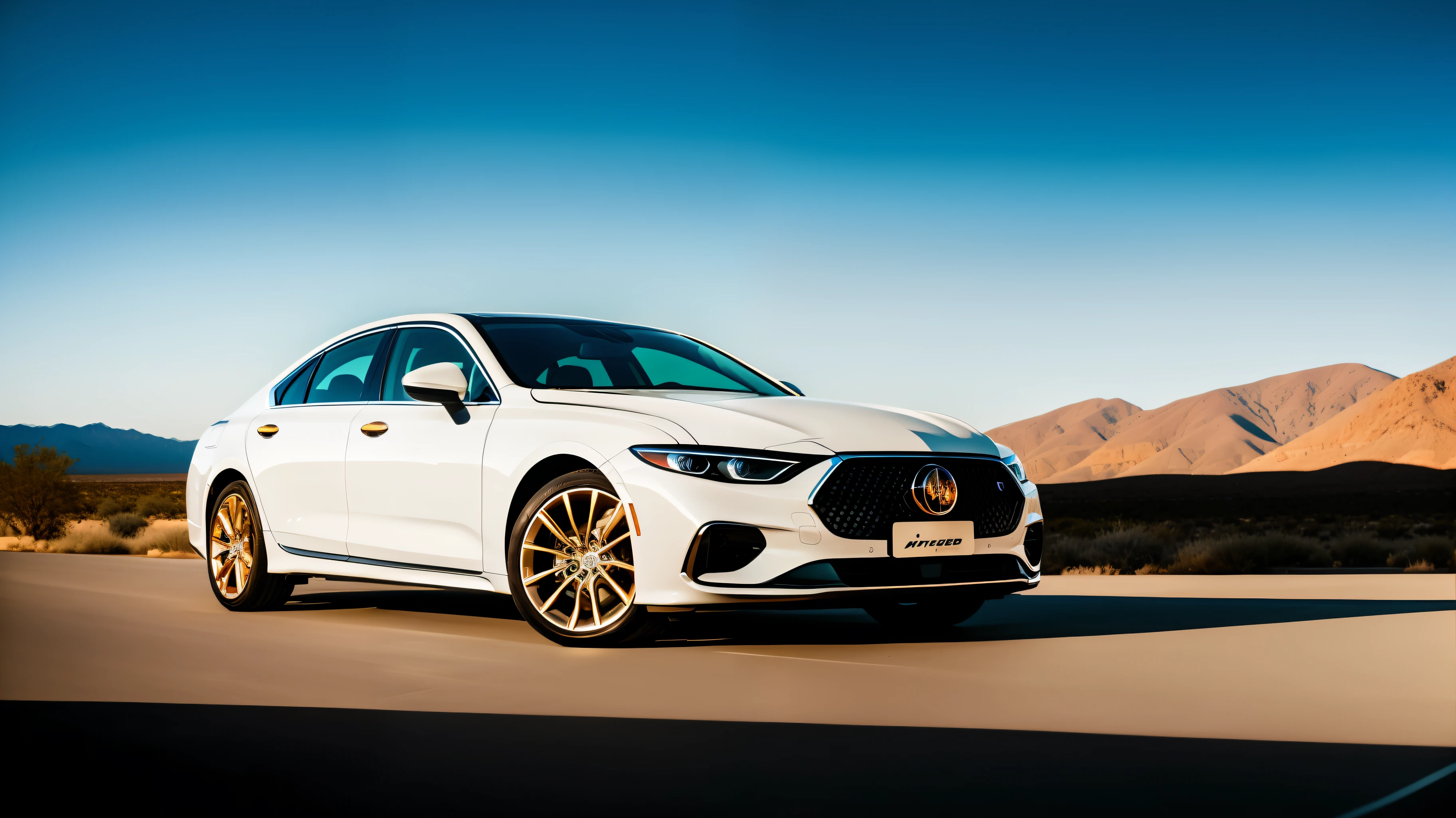 Modern Car, Luxury Sedan, white, round lines, desert road, Golden hour, reflection in car, maximum quality, photorealistic, photography, masterpiece