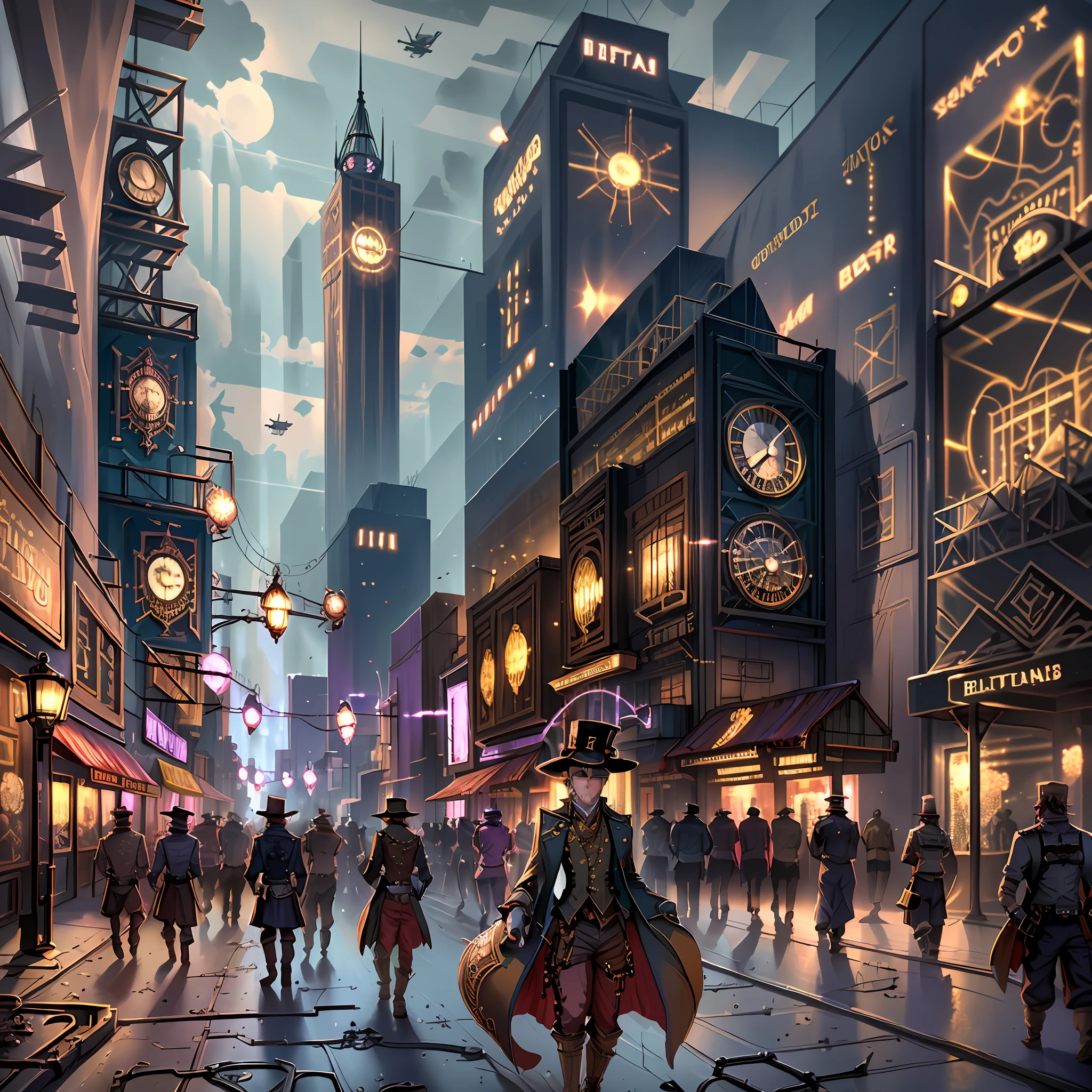 Create a scenario of a steampunk city, half gangster with lots of lights and casinos and lots of people