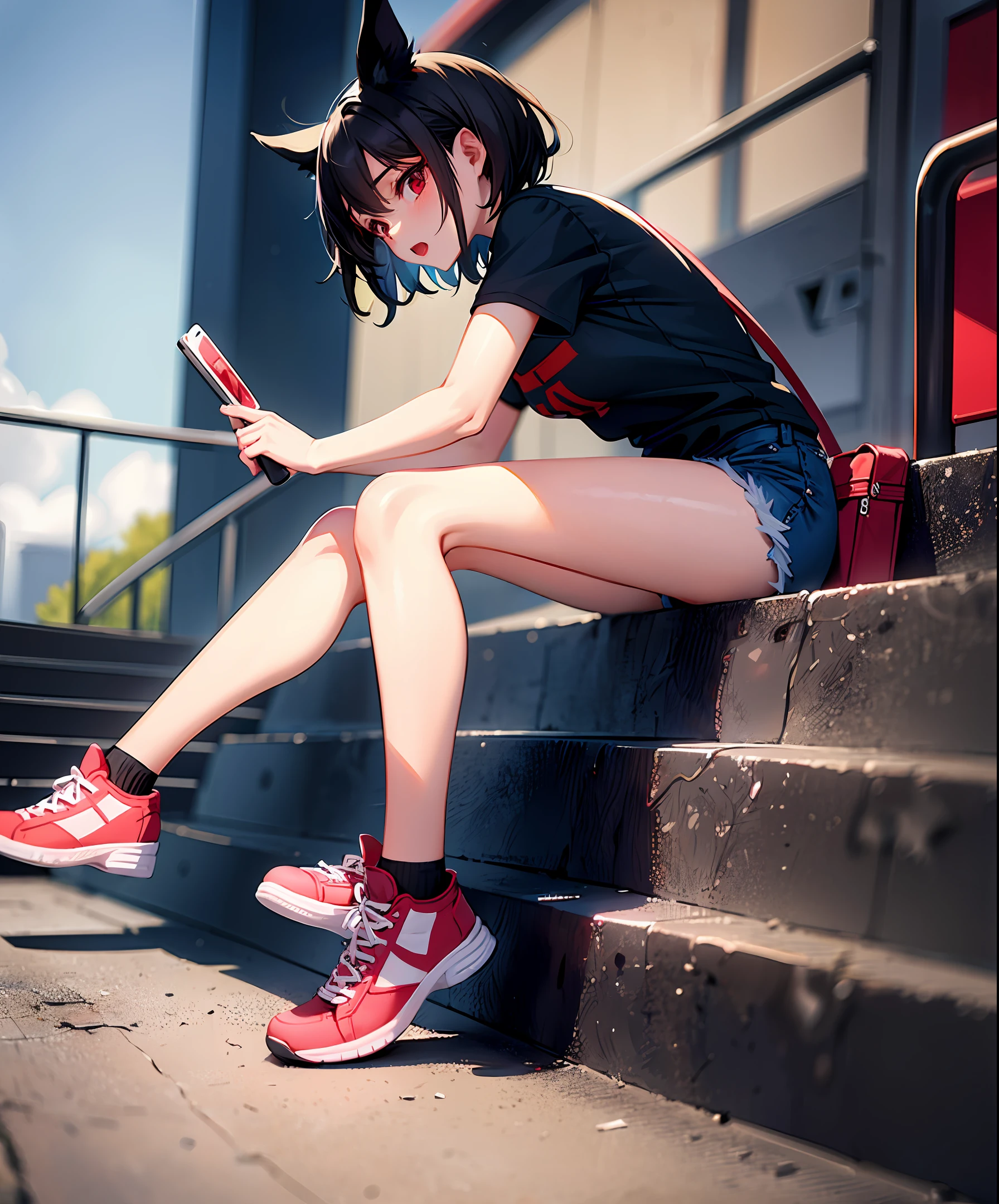 masterpiece, top quality, absurdity, perfect anatomy, one girl, solo, inaba tewi, short hair, black hair, red eyes,t-shirt, denim shorts, knee-high sneakers under shorts, sitting, stairs, from the side,