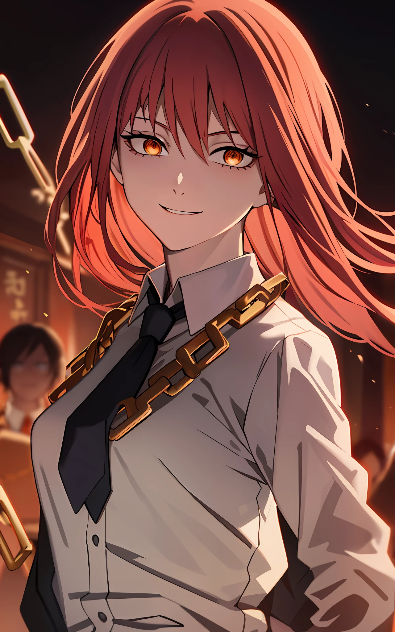 makima \(chainsaw man\), best quality, ultra detailed, 1girl, solo, standing, red hair, long braided hair, golden eyes, bangs, medium breasts, white shirt, necktie, stare, smile, (evil:1.2), looking at viewer, (interview:1.3), (dark background, chains:1.3)
makima \(chainsaw man\)