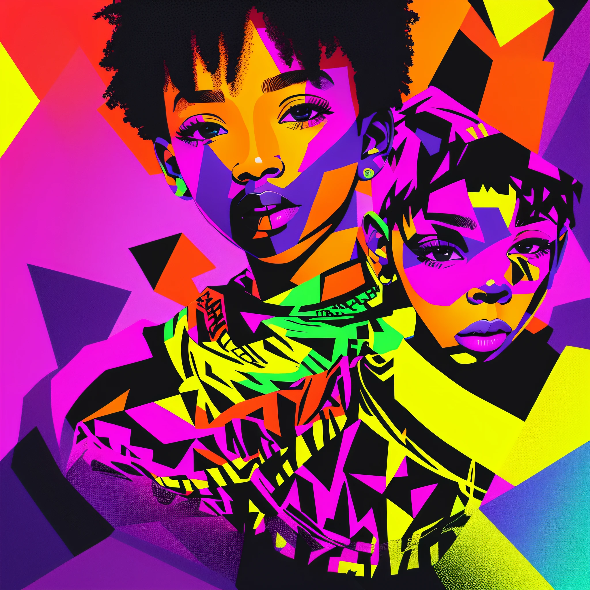brightly colored portrait of a woman and a man with a scarf, portrait of willow smith, portrait willow smith, vibrant fan art, in style of digital illustration, official artwork, liam brazier and nielly, vibrant digital art, wpap, multicolored vector art, vibrant digital painting, lisa frank & sho murase, by Mario Cooper, ultraviolet and neon colors