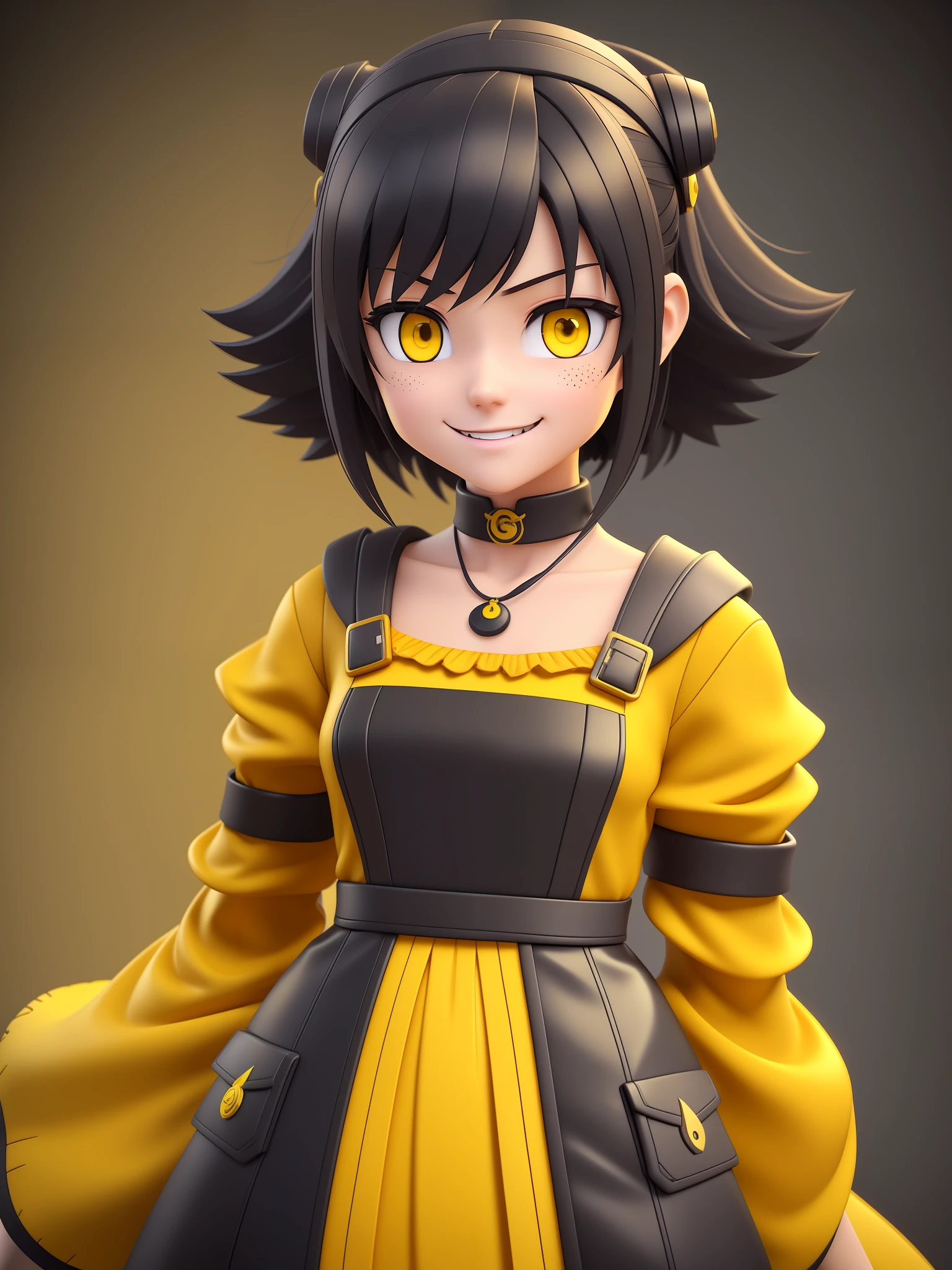 Young girl, a cartoon character dark yellow outfit, expression with ((melancholic smile)), (dark hair up to shoulder), yellow eyes, stylized character, animation character, stylized 3d render, 3d character, highly detailed character, stylized anime, stylized 3d, render character, character model, close up, maximum quality