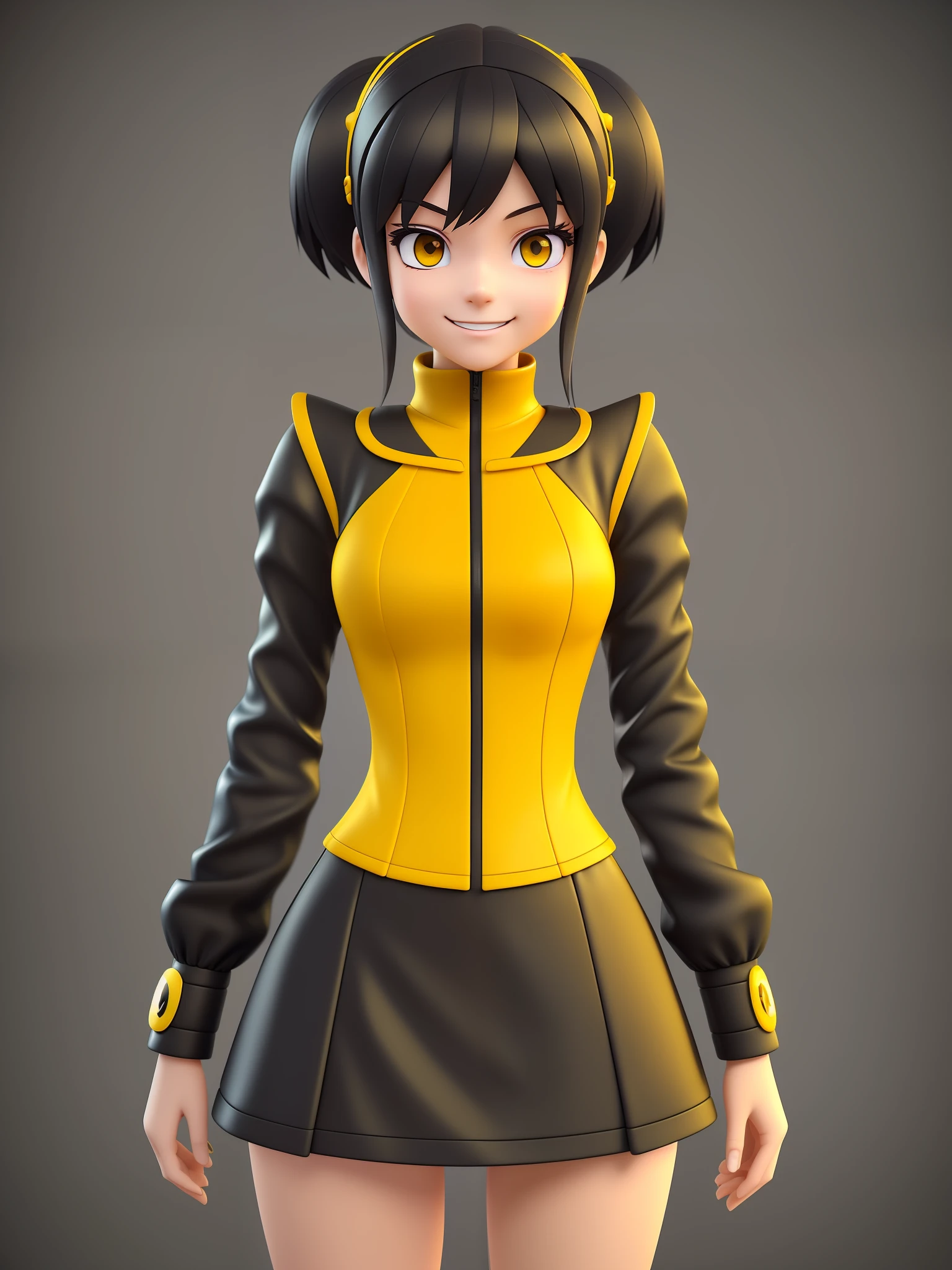 Young girl, a cartoon character dark yellow outfit, expression with ((melancholic smile)), (dark hair up to shoulder), yellow eyes, stylized character, animation character, stylized 3d render, 3d character, highly detailed character, stylized anime, stylized 3d, render character, character model, close up, maximum quality