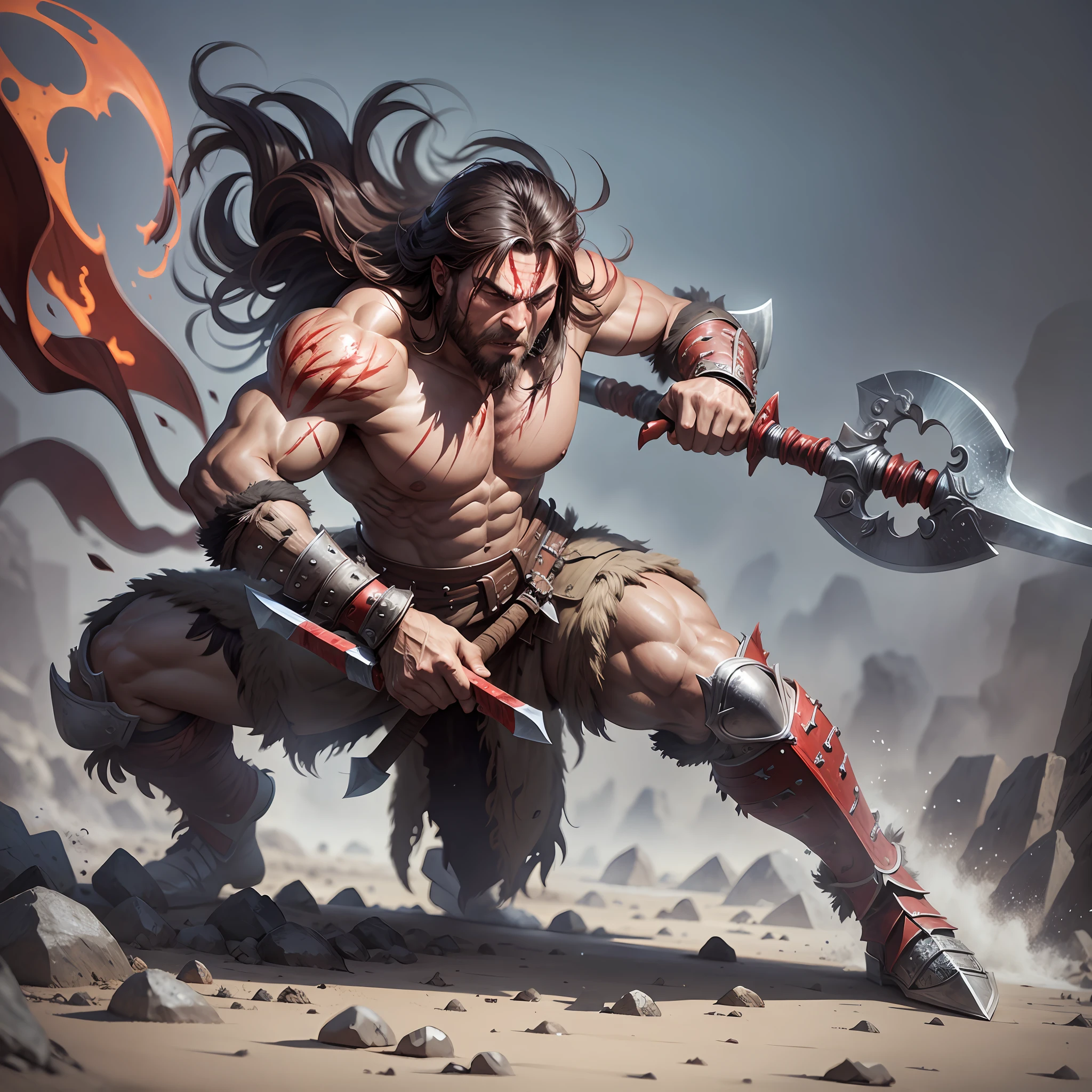 Barbarian warrior, full of blood, holding two axes, attack position, ground
