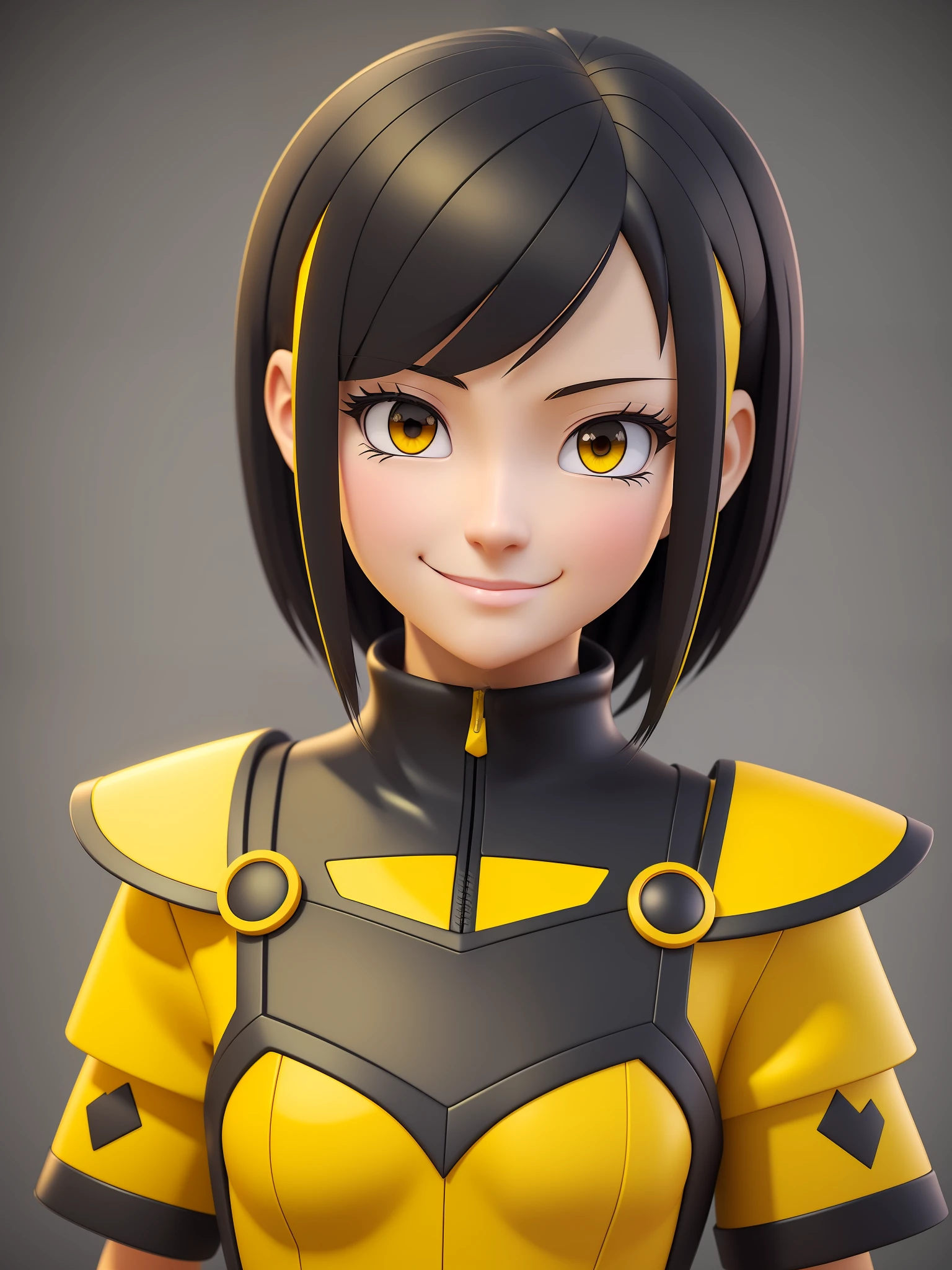 Young girl, a cartoon character dark yellow outfit, expression with ((melancholic smile)), (dark hair up to shoulder), yellow eyes, stylized character, animation character, stylized 3d render, 3d character, highly detailed character, stylized anime, stylized 3d, render character, character model, close up, maximum quality