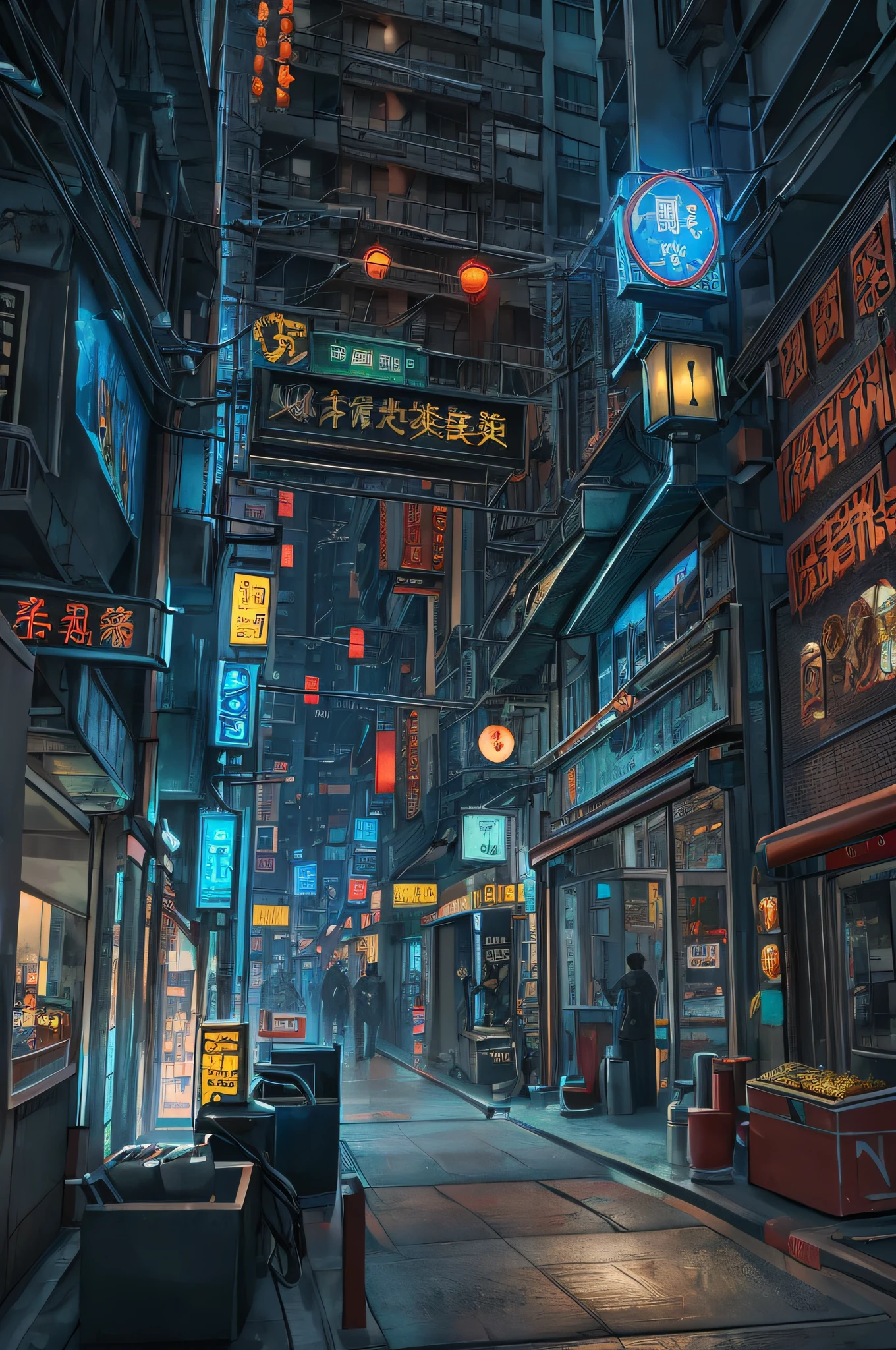 city,dark cyberpunk city, global illumination, global illumination chinese hieroglyphs, shadows, octane render, 8k, ultra sharp, metal, intricate, ornaments detailed, cold colors, Egyptian detail, highly intricate details, realistic light, trending on cgsociety, city,glowing lights, neon details, mechanical vessels connected to tubes, mechanical cervical attaching to wires and cables connecting machine city, chinese hieroglyphs