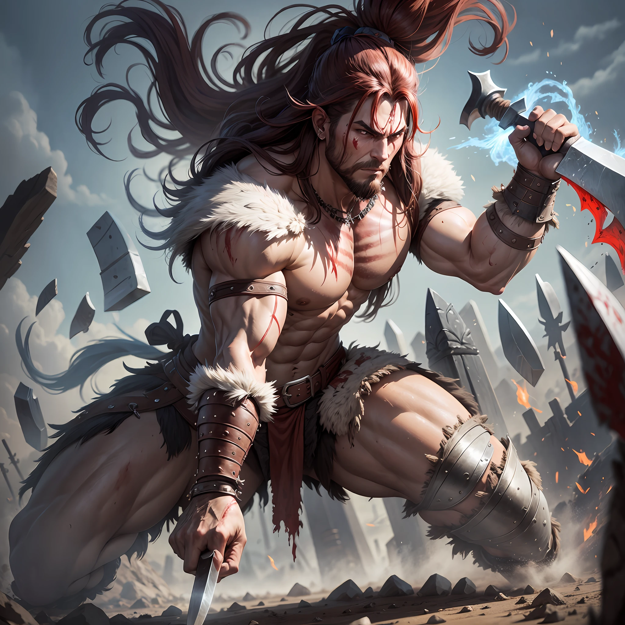 Barbarian warrior, ?????????????, holding two axes, attack position, ground