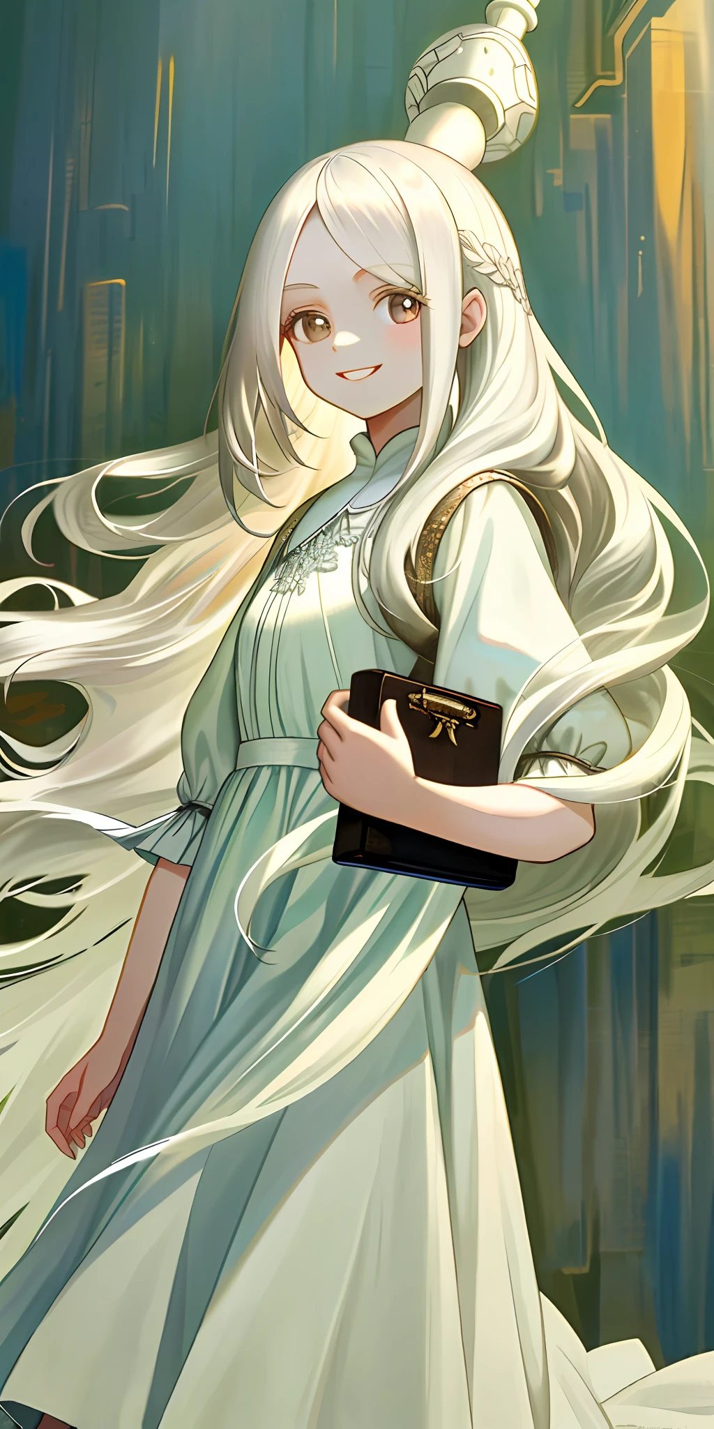 (masterpiece, top quality), girl with long white hair, pale colored dress, neat, looking here, smile, with daughter, going out