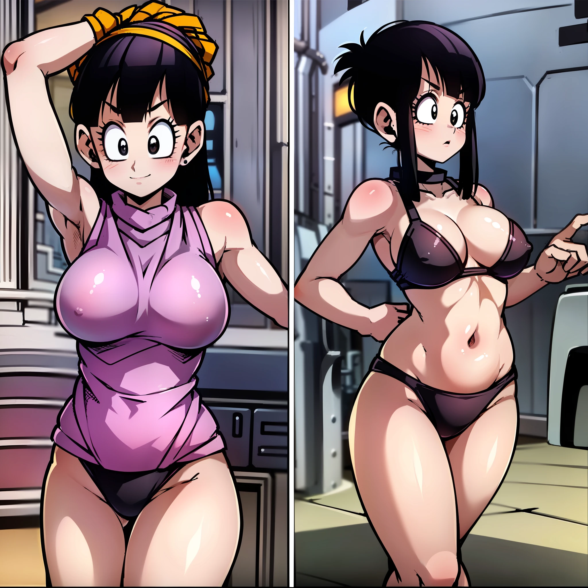 Chichi, sketch, 1girl, solo, breasts, bikini, Dragon ball z, stripping, taking off clothes but not naked, big breasts, cleavage, sexy, black hair