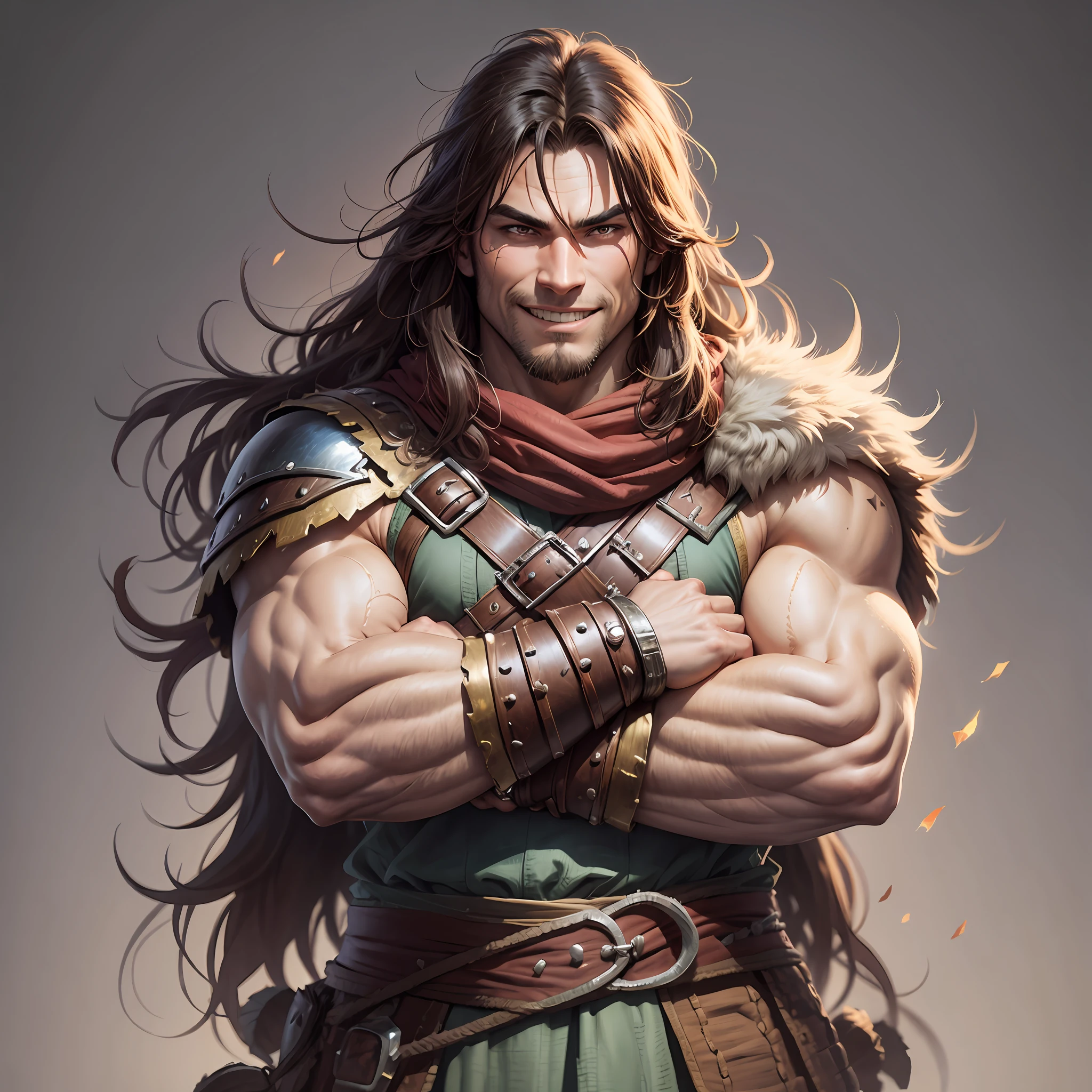 Barbarian warrior, solo, can dynamic, arms crossed, male, smiling, hair stuck, medieval clothes