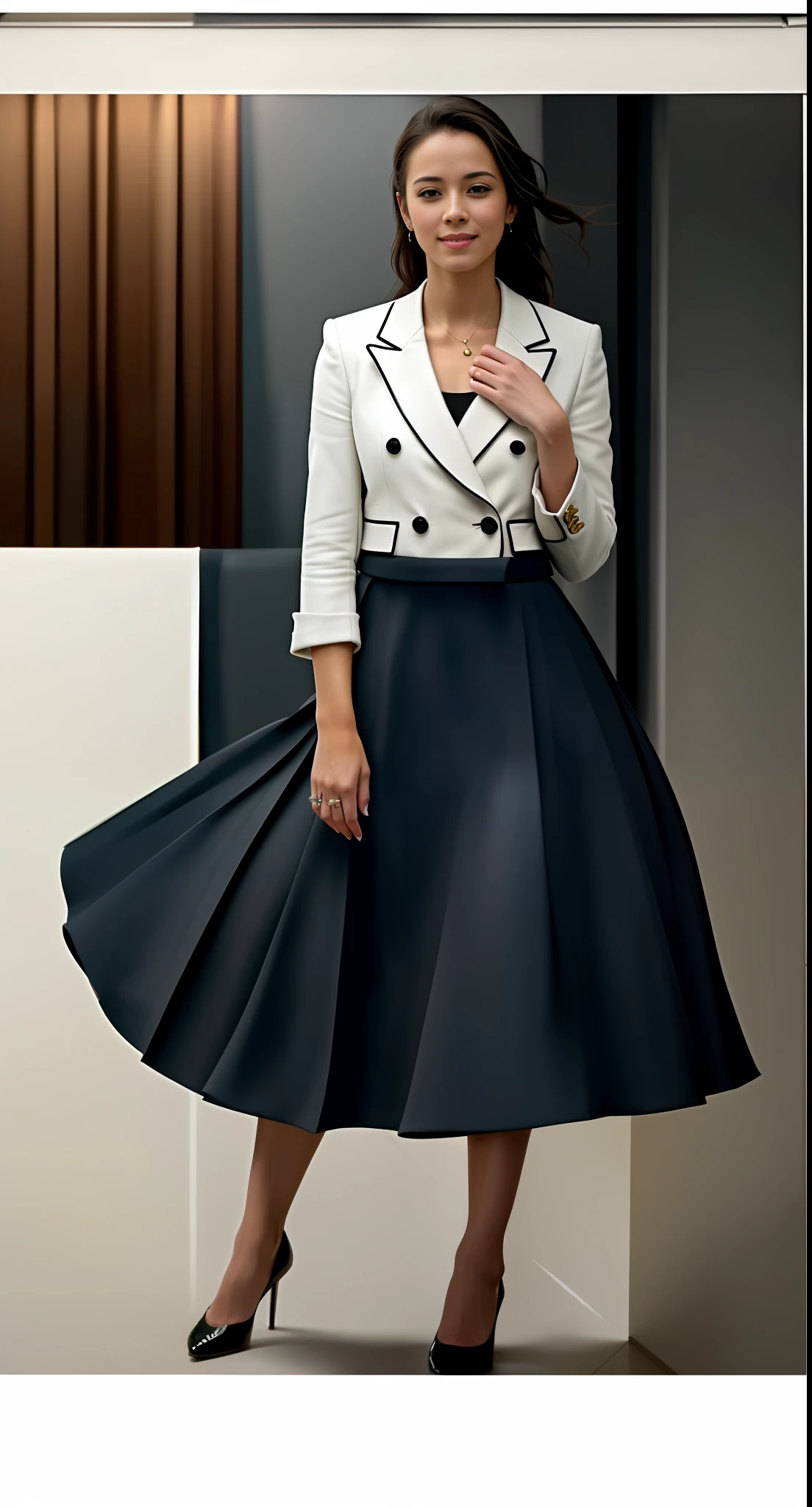 35mm f1.4 Kodak portra 400 photograph, extremely high quality RAW photograph, a therapist is dancing in her skirt (in a ???????? manner:1.3) on a space station, (shy) authentic (kind and tender) lesbian woman wearing a short blazer with a very very detailed (long (fully pleated) full circle skirt) and (simple) low heeled office shoes, very very intricate hyper-detailed symmetric (attractive graceful young feminine face) with (sad, tired) eyes and a (flirty smile:1.3), full of empathy and compassion and love, (pronounced feminine features:1,3), big ?????, ?????????????, (highly detailed ultra accurate realistic) hands and fingers, ((windy conditions and wind blowing)), epic composition, highly detailed attributes, highly detailed atmosphere, detailed background, intricate, Exquisite details and textures, highly detailed, deep space station secret operations active background