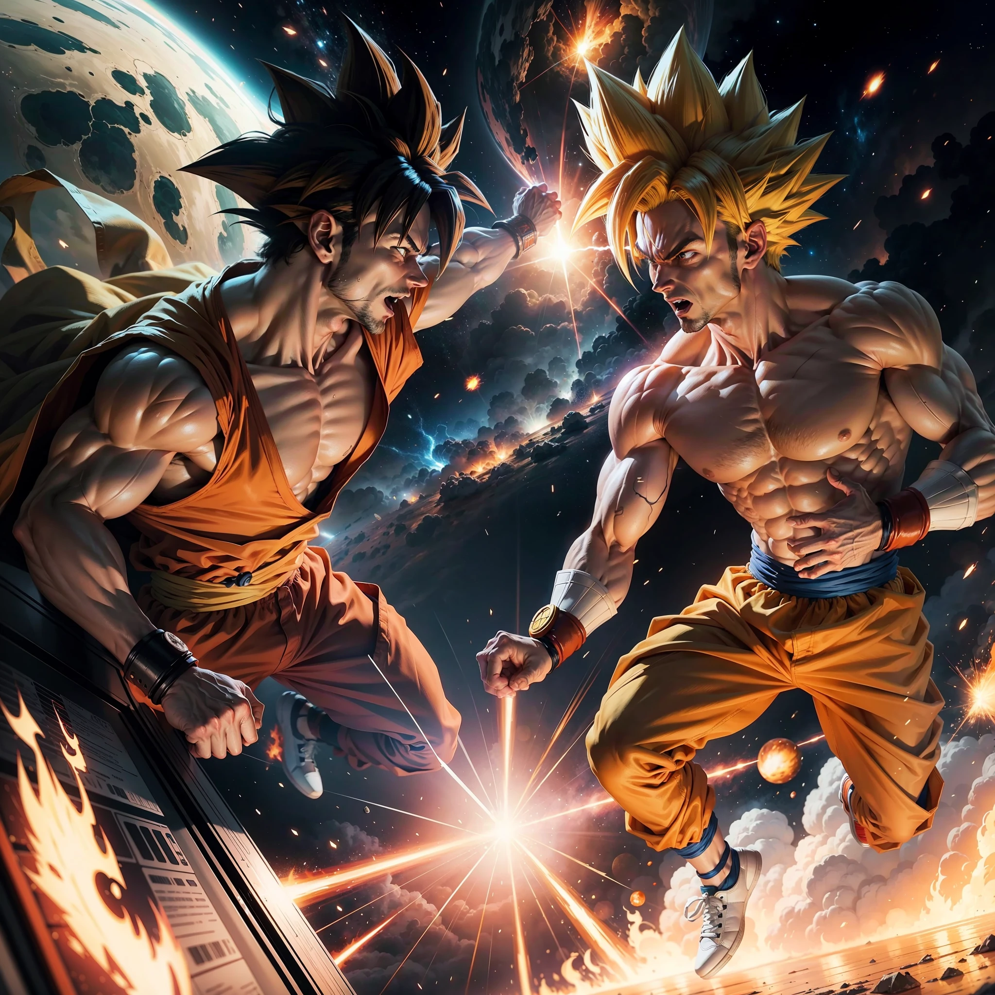 goku ssj fighting in space want very realistic