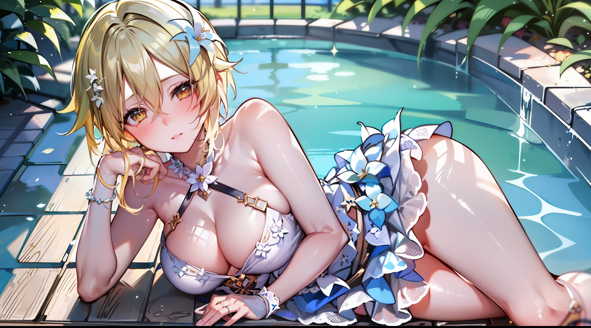 masterpiece, best quality, highy resolution, 1girl, solo, lumine (genshin impact), blonde hair, short hair, white flower ornament hair, summer dress, pool, sunny, blushes, big breasts, upper breasts, captivating, attractive, gorgeous, smooth, glowing skin, full body, lying by the pool