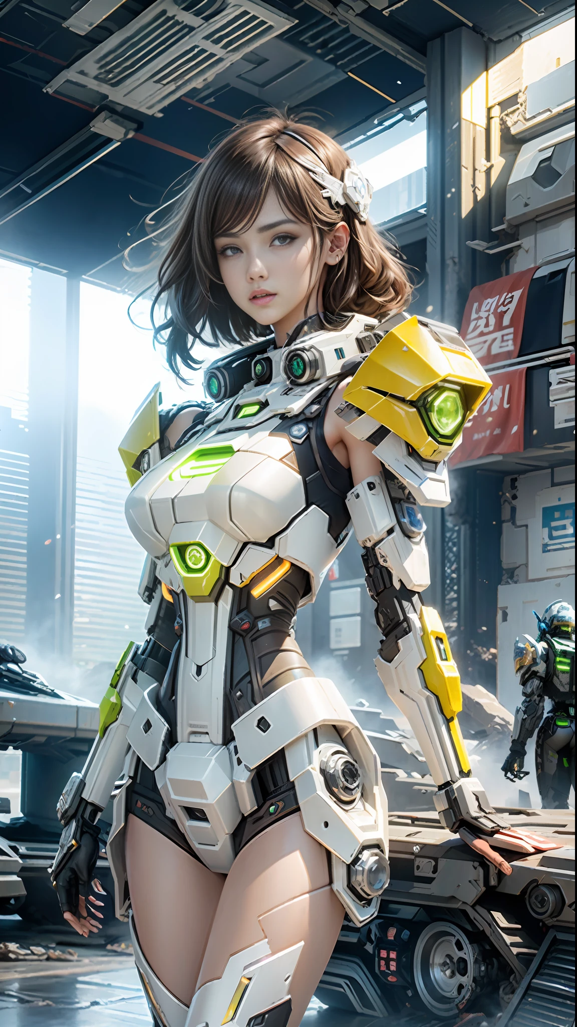 ((Best quality)), ((masterpiece)), (highly detailed:1.3), 3D,Shitu-mecha, beautiful cyberpunk women with her mecha in the ruins of city from a forgoten war, ancient technology,HDR (High Dynamic Range),Ray Tracing,NVIDIA RTX,Super-Resolution,Unreal 5,Subsurface scattering,PBR Texturing,Post-processing,Anisotropic Filtering,Depth-of-field,Maximum clarity and sharpness,Multi-layered textures,Albedo and Specular maps,Surface shading,Accurate simulation of light-material interaction,Perfect proportions,Octane Render,Two-tone lighting,Low ISO,White balance,Rule of thirds,Wide aperature,8K RAW,Efficient Sub-Pixel,sub-pixel convolution,luminescent particles,light scattering,Tyndall effect