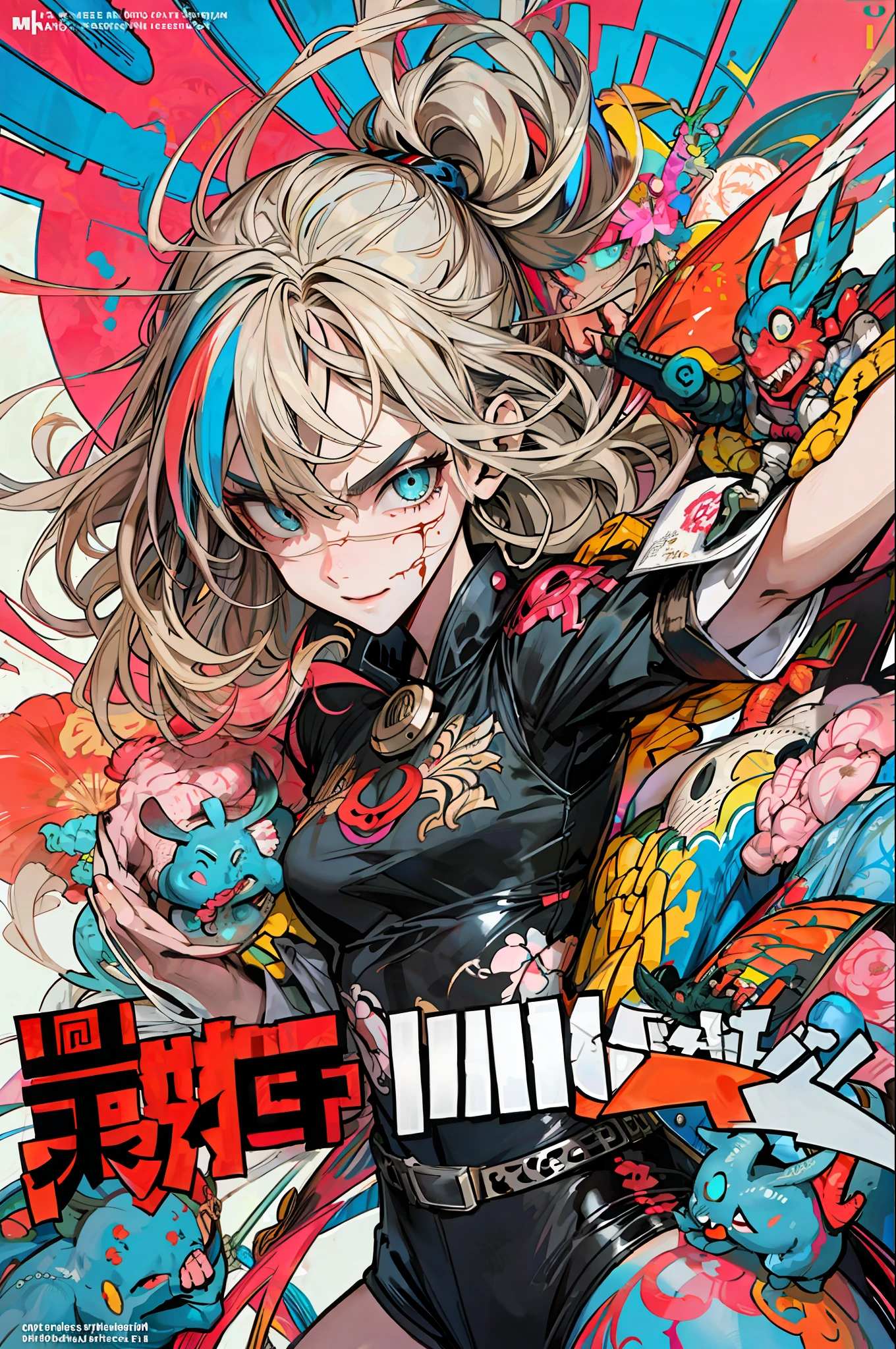 background, mixed-language_text, Japanese letters in graffit ,girls, excellent lighting, sidelighting, (), vhsKeeper,, style GUILTY GEAR -STRIVE perfect(flat color: 1.3), (magazine_cover: 1.4), (multicolored_background: 1.3), striped_background, card_background, :: comix style by joe madureira :: , perfect and detailed, ultra detailed shirt with abstract design, with Japanese letter print in graffit of the sides of the clothes, image of full body girls fighting , at your side with powerful dragons versus alien creature full of tentacles , with immersive effects, hover effect, background graffiti style tribal tattoo with vibrant colors "ultra HDR" detailed and with focus effect, (masterpiece: 1.2, best quality), (beautiful eyes finely detailed: 1.2), , ((Solo)), (Finely detailed eyes and detailed face :1.3), in various full-body attack poses, (cute background: 1.2),futuristic costume, super detailed circular metals Clinging to the arms and pants, fantastic paintings