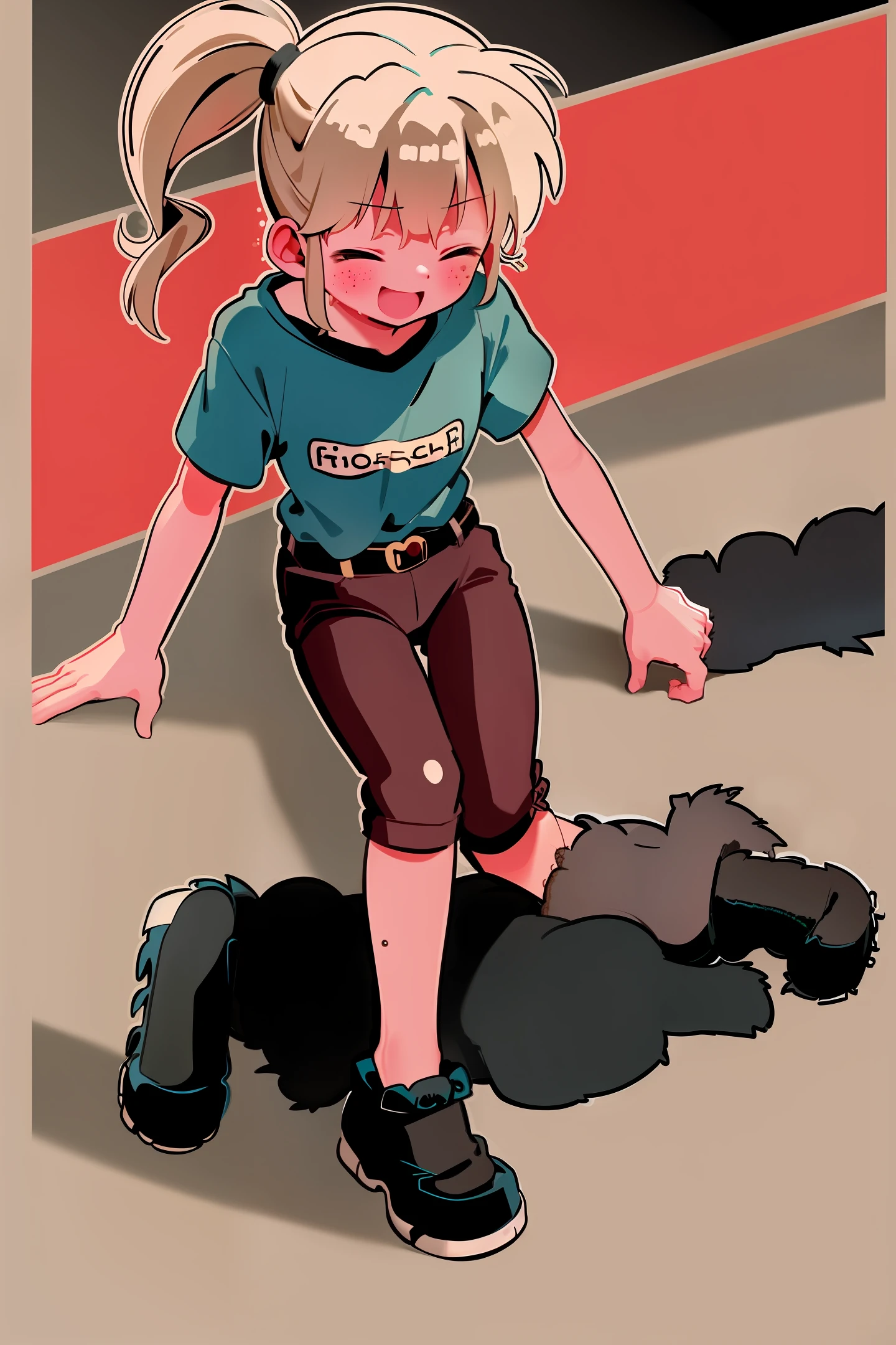 kaho, momodora, freckles, 1girl, solo, t-shirt, pants, holding cat, surrounded by cats, eyes closed, drop of sweat, smile, sitting, masterpiece, best quality, black and white