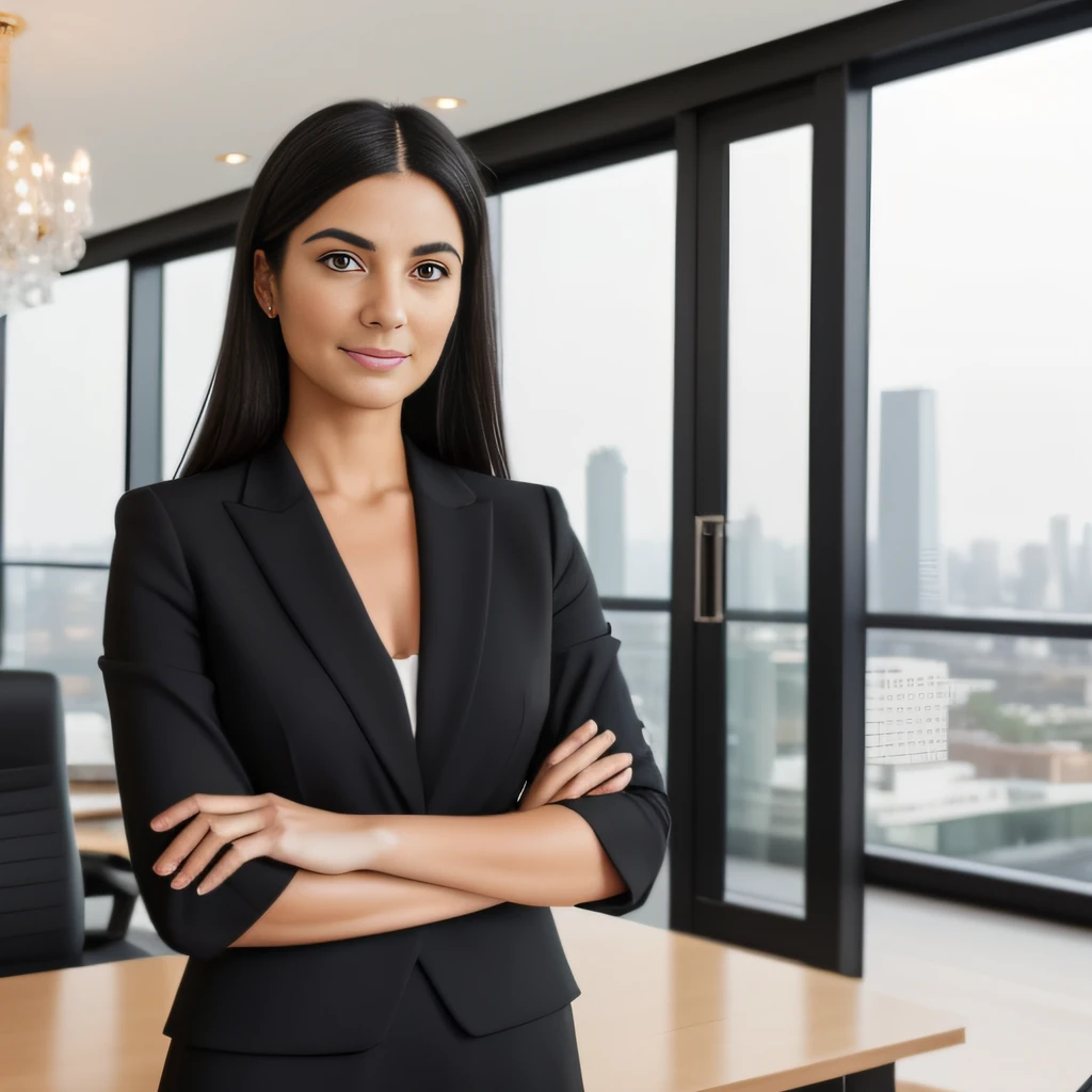A lawyer looking straight into the camera, authentic and unique in her office. White skin, dark hair, eyes and eyebrows, contrasting with his fair skin. Very small and delicate face. She is dressed elegantly, in a sophisticated knee-length black dress with a discreet neckline. Her hair is loose to her shoulders, giving a feminine and modern touch to her professional appearance. She is inside an opulent office that is a mix of modern sophistication and classic elegance. Expansive floor-to-ceiling windows offer a breathtaking view of the city skyline, pouring out an abundance of natural light. A state-of-the-art floor lamp casts a warm glow throughout the room. Luxurious touches, green plants in pots contribute to the overall atmosphere of discreet luxury. The image should convey the essence of a lawyer who is confident, intelligent and independent, who is not afraid to stand out and do things her way