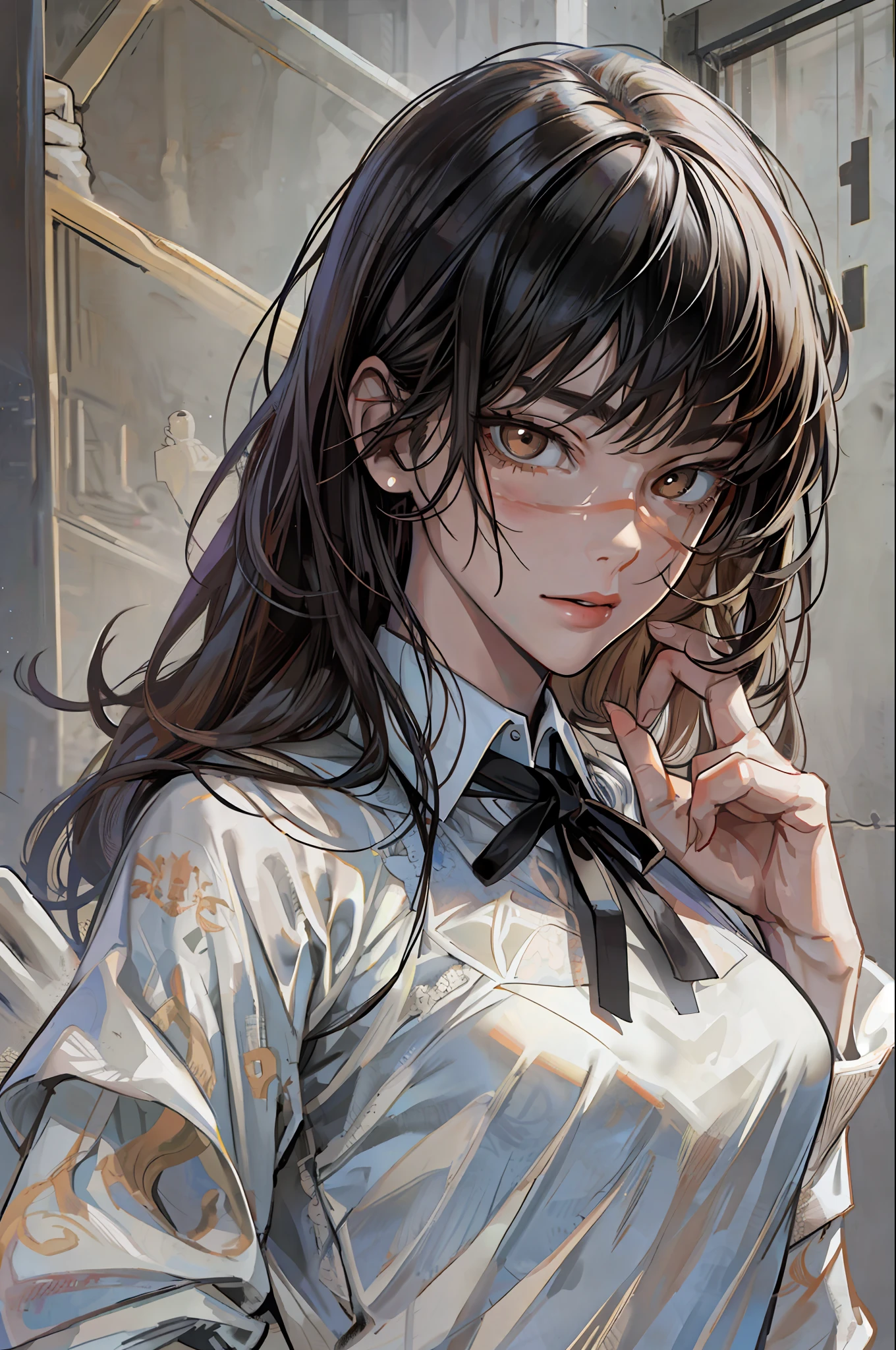((masterpiece, best quality)), (1girl), (solo), (female focus), yoru \(chainsaw man\),(very detailed face, real image, realistic white skin, realistic body, intricate details), upper body, brown eyes, looking at the viewer, bandages over the body, black hair, far sleeve shirt, pinaphore dress, neck bow, bandages, bandages, bandages, small breasts