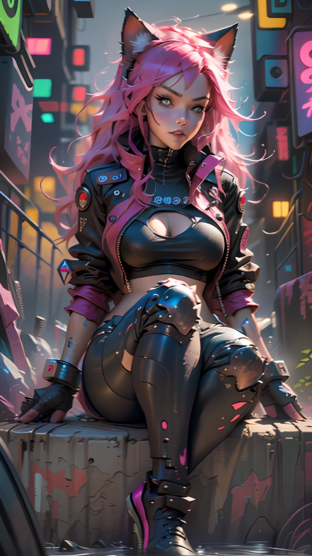 Cyberpunk neko catgirl with cyberpunk prosthetics, cat ears, red tech jacket, big breasts, long pink hair, ((sitting pose)), cyberpunk city streets, futuristic style, Sci-fi, hyper detailed, photorealism, hyper realism, painting, 8K, HD, super resolution , Cinematic lighting, Long Exposure, 8K, HD, Super-Resolution