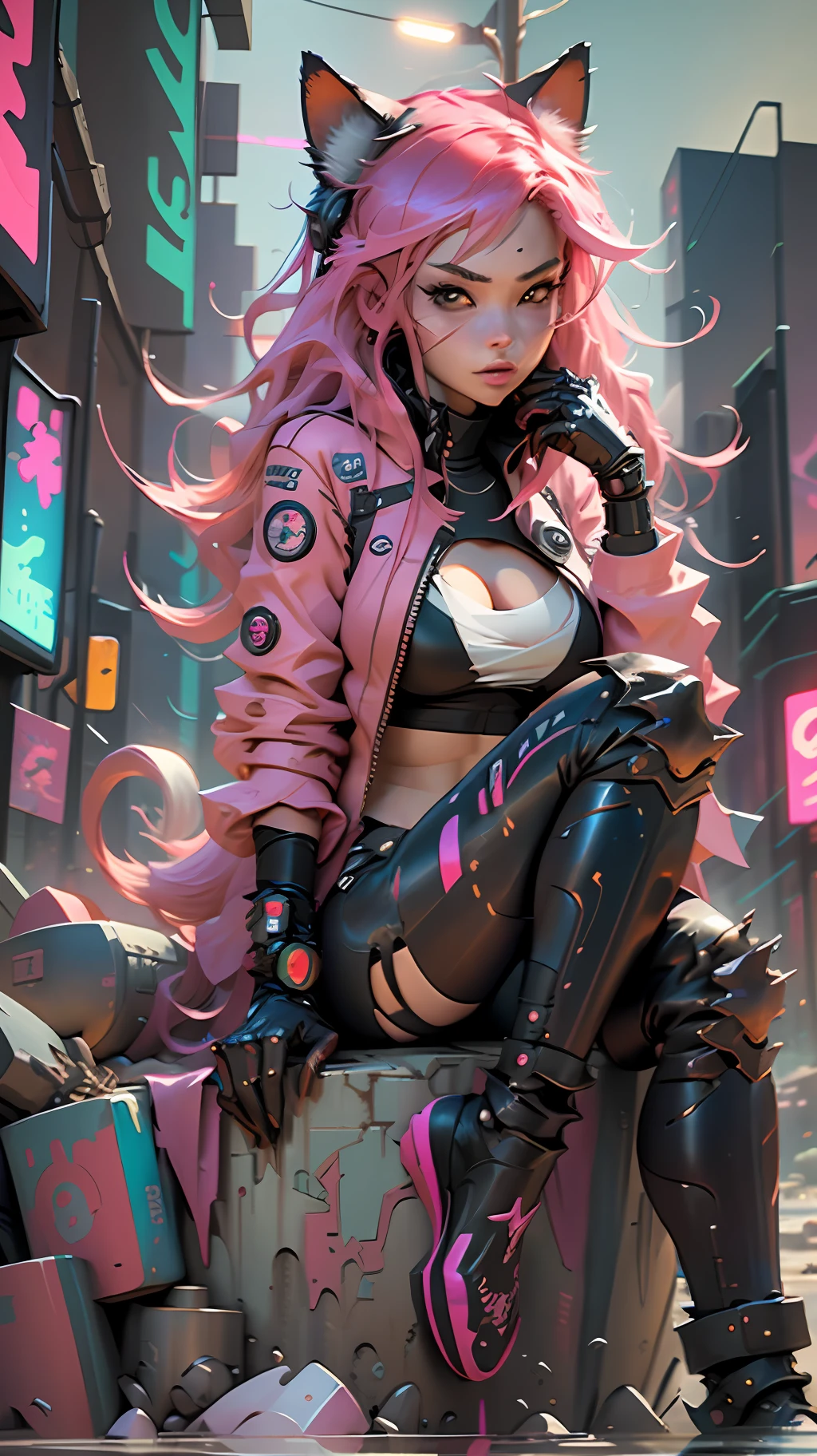 Cyberpunk neko catgirl with cyberpunk prosthetics, cat ears, red tech jacket, big breasts, long pink hair, ((sitting pose)), cyberpunk city streets, futuristic style, Sci-fi, hyper detailed, photorealism, hyper realism, painting, 8K, HD, super resolution , Cinematic lighting, Long Exposure, 8K, HD, Super-Resolution